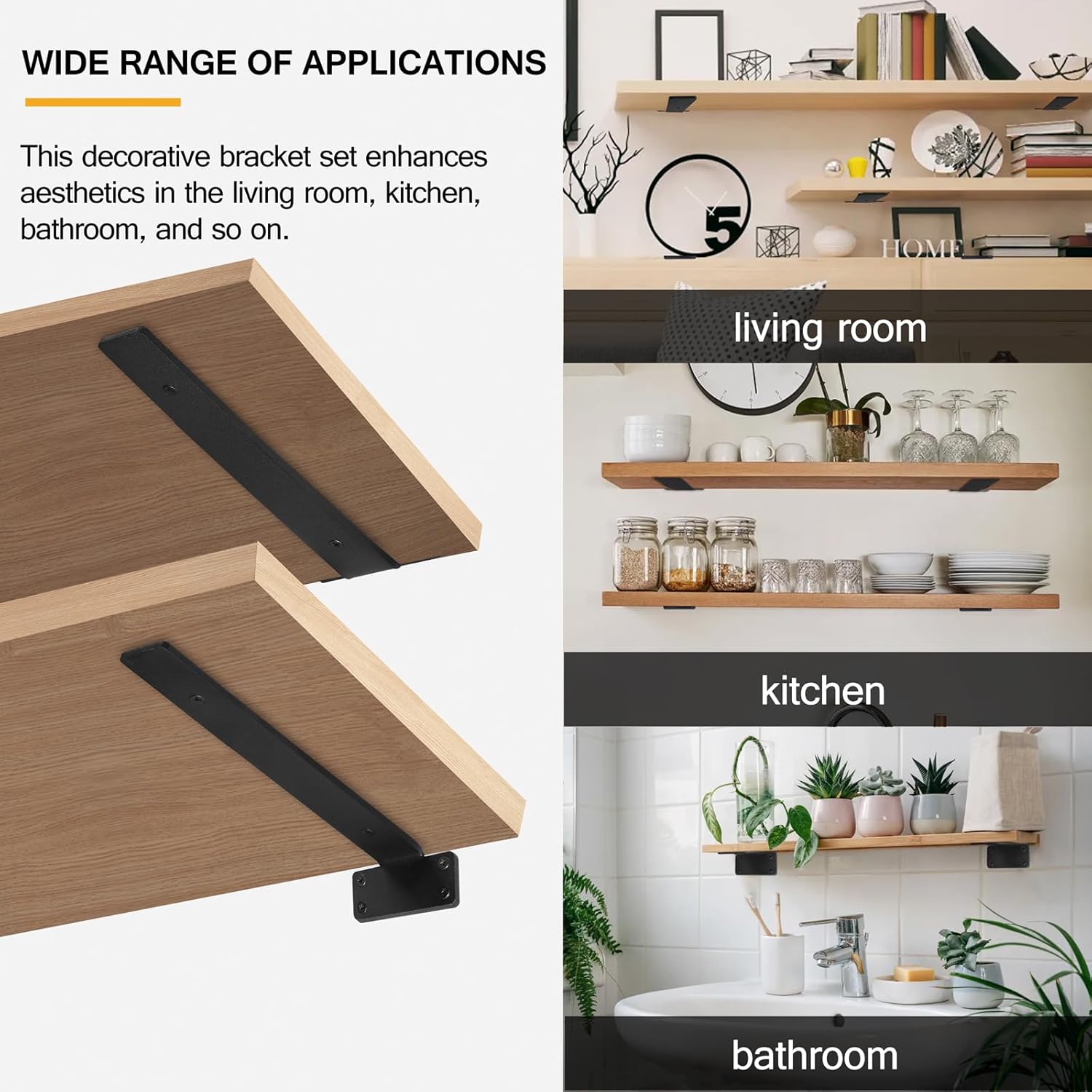 HITOMEN Heavy Duty Floating Shelf Brackets, 12-Inch (1/5'' Thick) Hidden Shelves Hardware, Iron L Brackets, Rustic Industrial Black Metal Wall Shelving Supports, 12 Pack