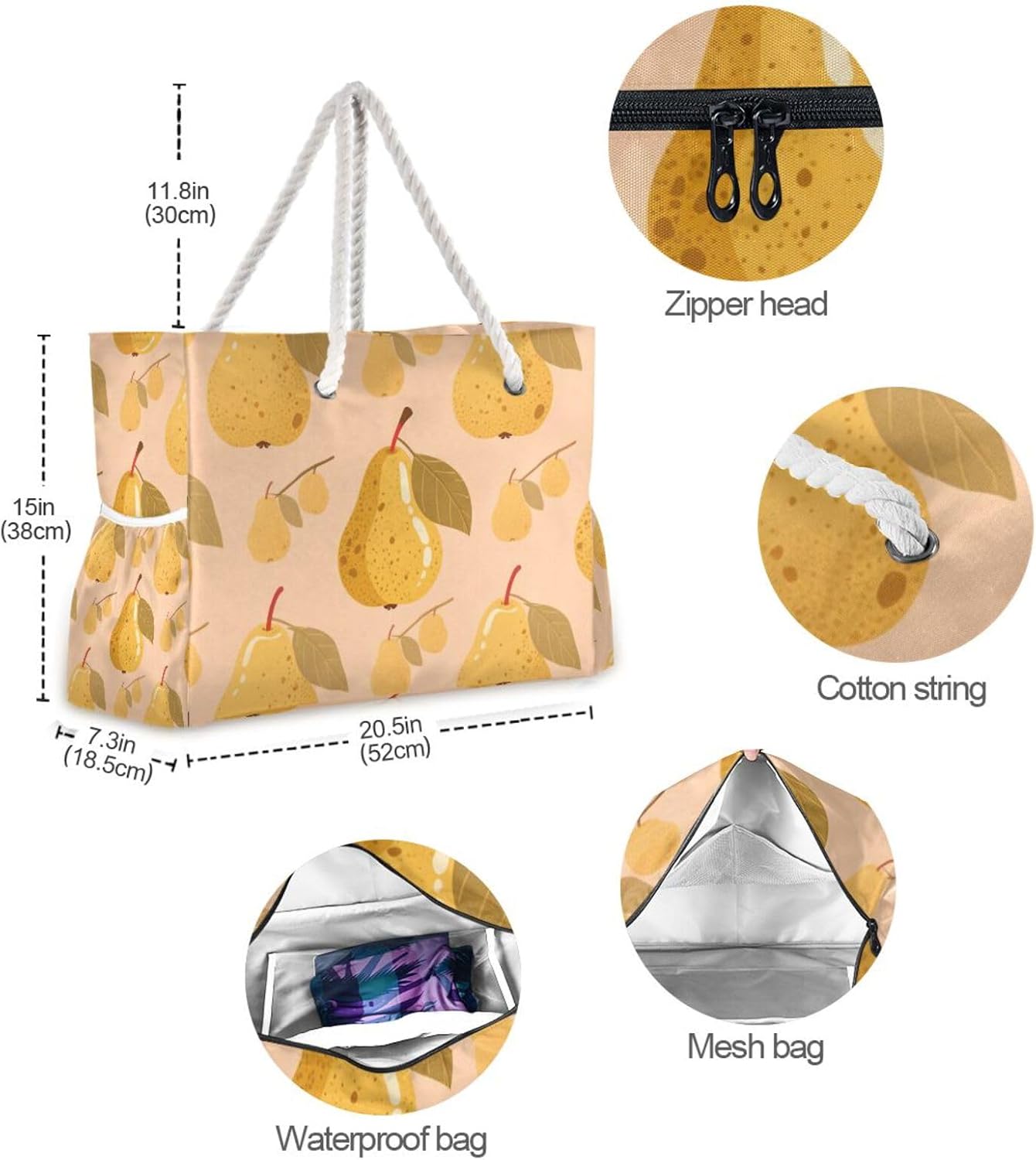 OTVEE Pear with Leaves Pattern Beach Bags for Women Ladies Large Canvas Tote Shoulder Bag Waterproof Travel Bags for Gym Swim Pool Camping