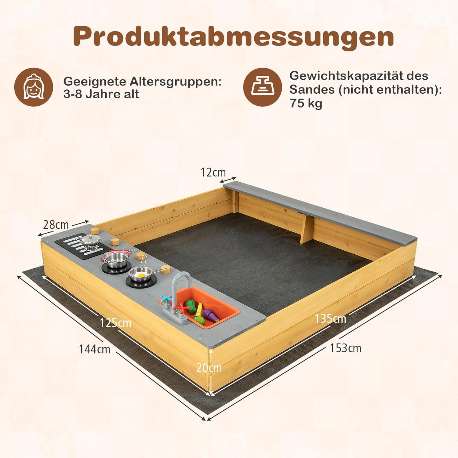 FANTASK Sandkasten aus Massivholz, Sandkiste mit 9 Küchenzubehör & Wasserhahn & Waschbecken, Sandbox inkl. Bodenplane