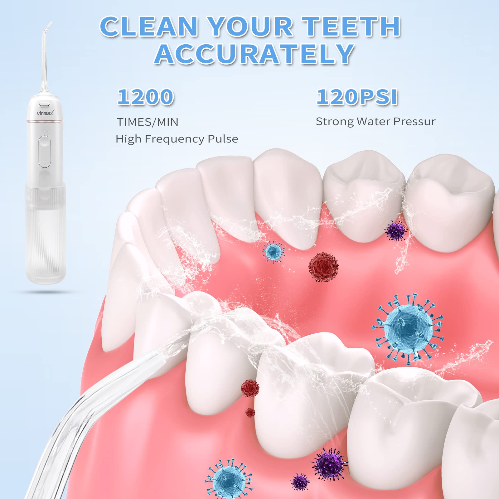 Idropulsore portatile senza fili per denti, 3 modalità e impermeabilità IPX7, mini filo interdentale ricaricabile per casa e viaggi, 4 punte a getto, per la cura dei ponti e delle bretelle.