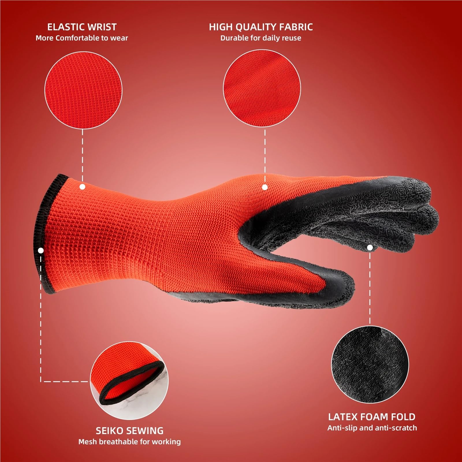 Guantes de trabajo de nitrilo resistentes al aceite | Pack de 12 guantes antideslizantes medianos for mecánica y trabajos de jardinería.(Red)