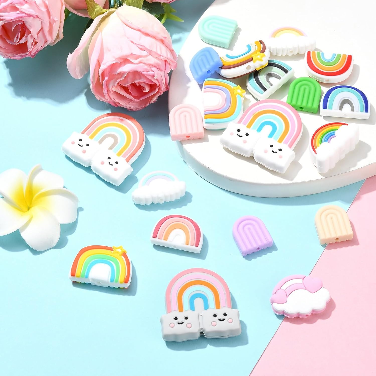 LiQunSweet 20 Pcs 20 Styles Pastel Rainbow Silicone Focal Beads Boho Rainbow Silicone Beads Bulk Silicone Beads for Pens Keychain Making Jewelry DIY Crafts Handicrafts Accessories