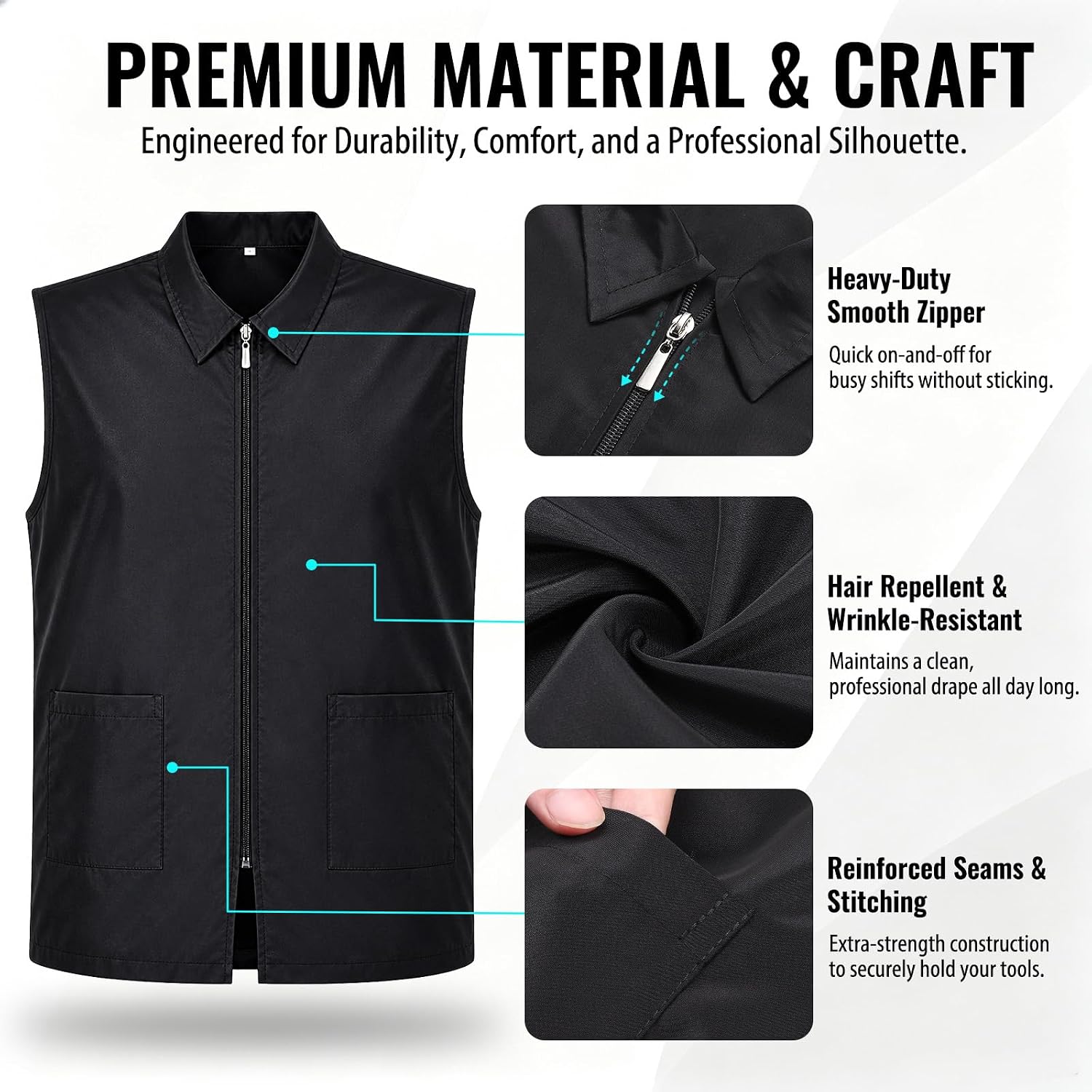 Noverlife Men's Barber Vest, Sleeveless Hair Repellent Salon Smock w/Zipper