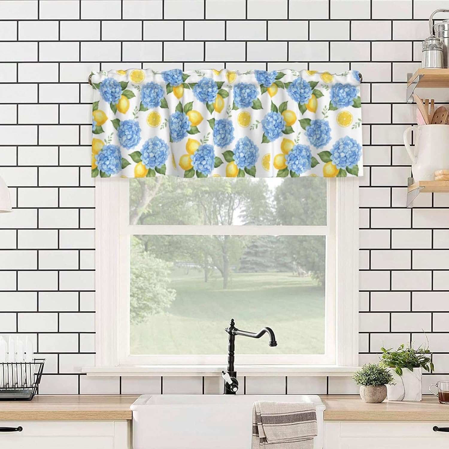 Blue Hydrangeas Yellow Lemons Valances for Windows, Rod Pocket Kitchen Curtain Valances, Light Filtering Short Window Valance Curtains Topper for Bathroom Laundry Room, 54x18 Inch, 1 Panel