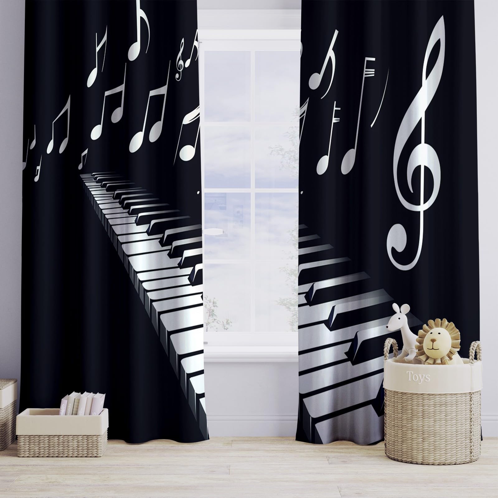 Thème Musical Piano Notes De Musique Rideau Occultant Thermique 117 x 229 cm Lot de 2, Fenetre Rideaux Salon Intérieur Maison Occultant Isolant Thermique Anti Froid, Noir
