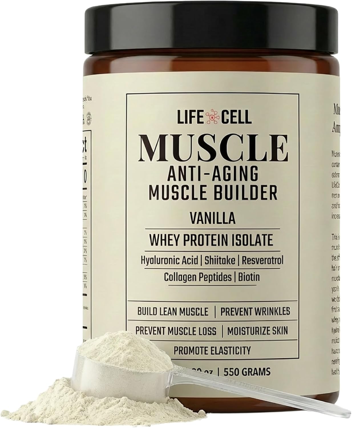 LifeCell Whey Protein – Anti-Aging Muscle Builder with Shiitake Mushroom, Collagen & Hyaluronic Acid – Vanilla, No Sugar Added, Soy-Free, Gluten-Free, 550g