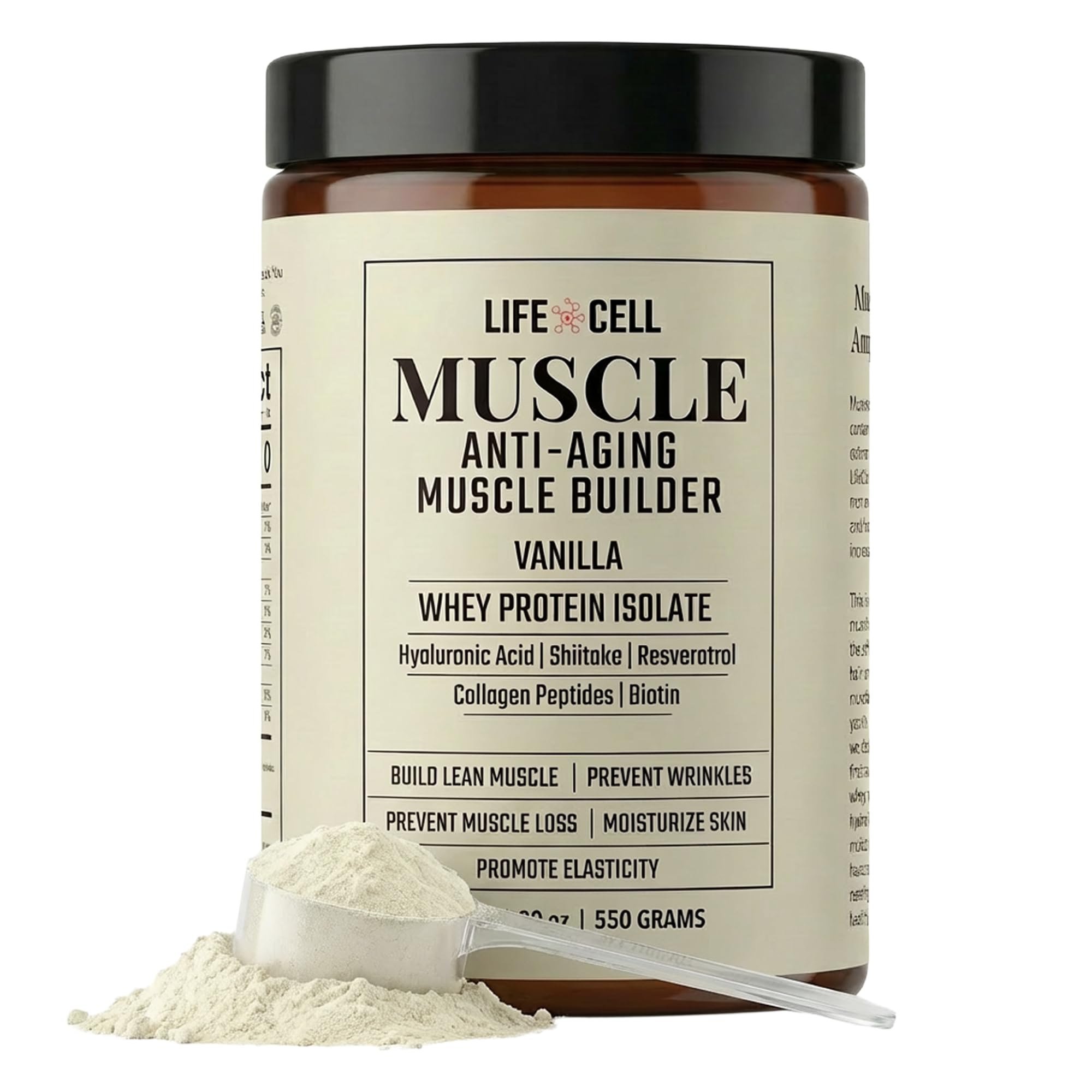 LifeCell Whey Protein com peptídeos de colágeno, ácido hialurônico e resveratrol, baunilha, 550 g