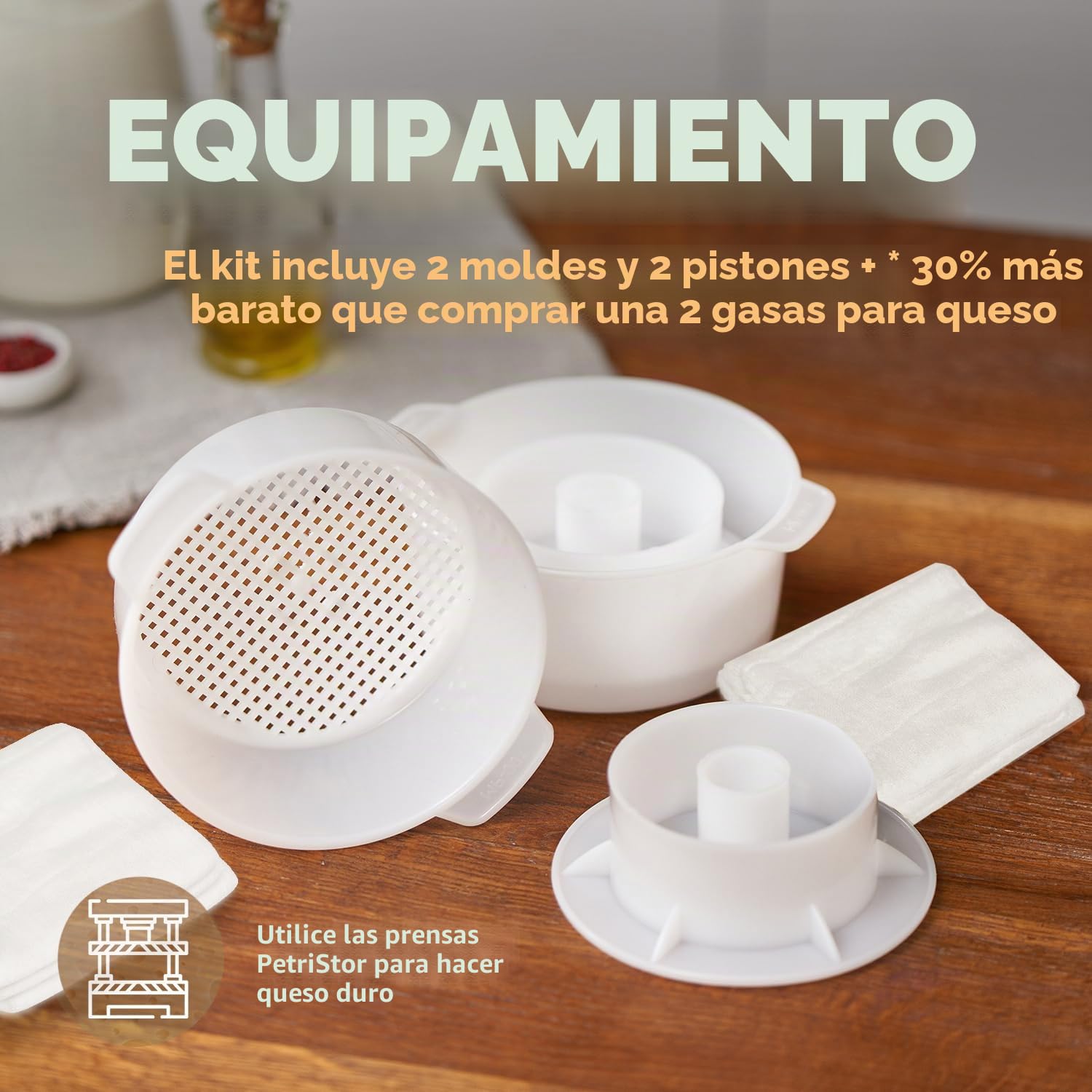 2 moldes para queso con pistón seguidor y gasa – Kit para hacer queso – Suministros para hacer queso – Molde para hacer queso – Cesta para hacer queso – Paño de algodón para colar – Molde para queso