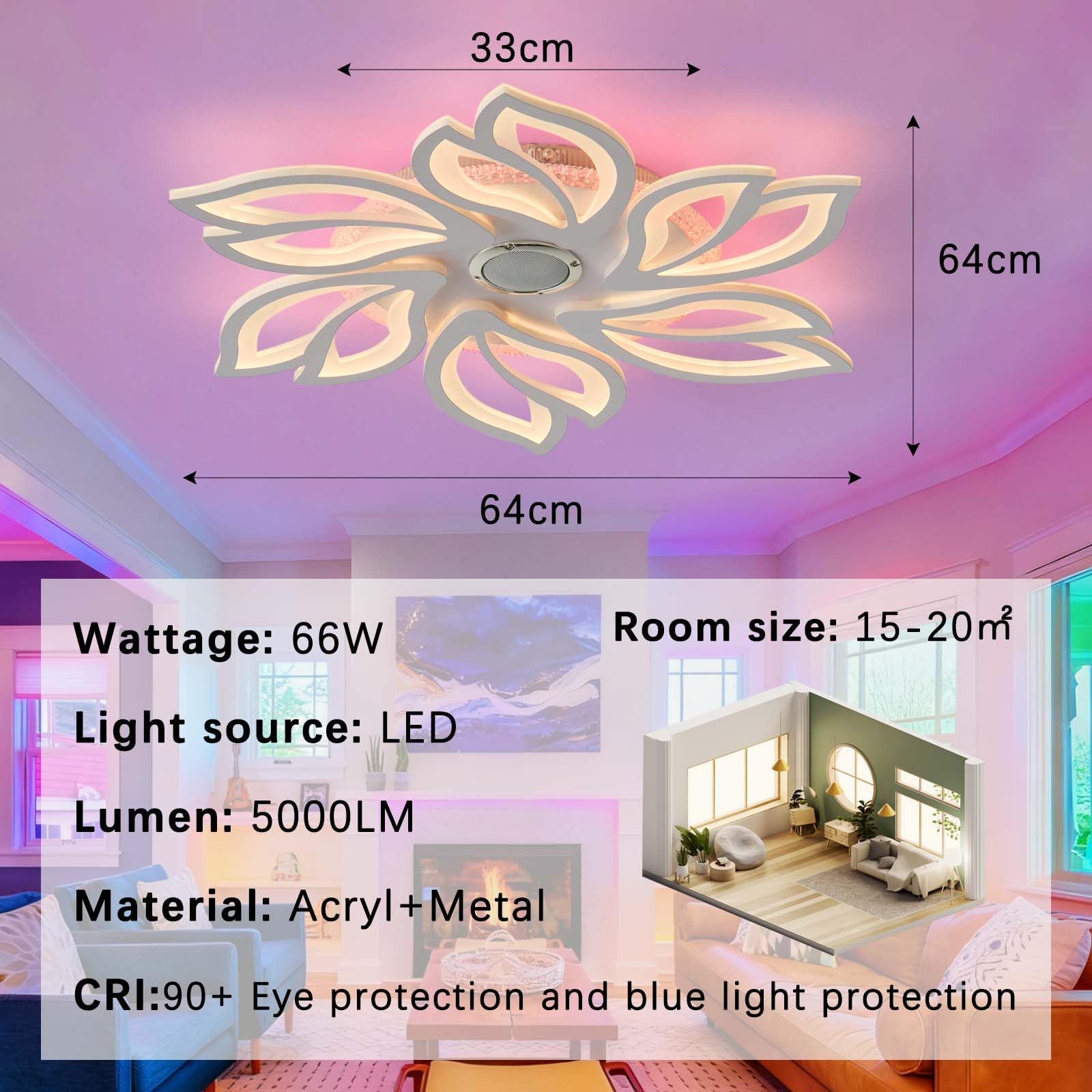 Plafoniera a Forma di Fiore Dimmerabile da 66W con Telecomando APP,Grande Lampadario Camera da Letto con Memoria,Plafoniera RGB con Altoparlante,per Soggiorno Sala Giochi e Feste-White||Audio