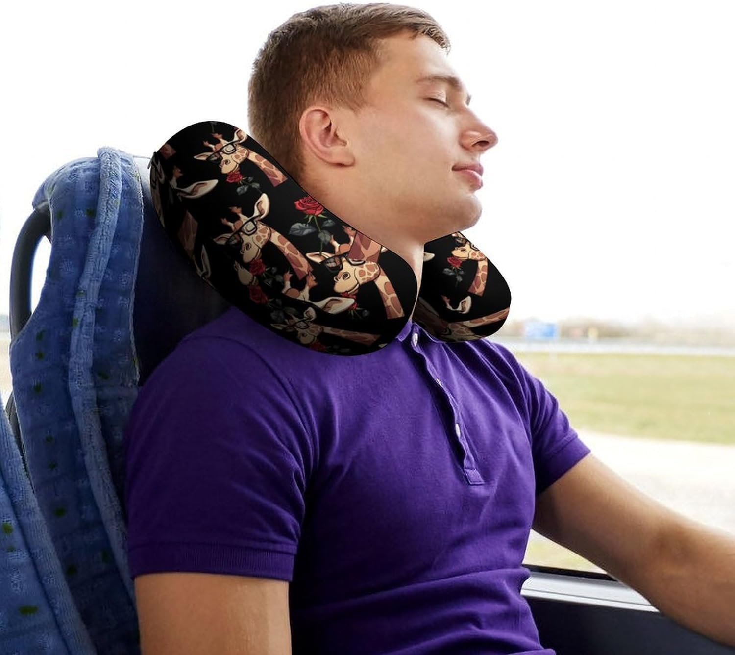 Animal Glasses Giraffe Flowers Roses Travel Pillow U Shape Neck Pillow Washable Pillowcase for Sleeping Chair
