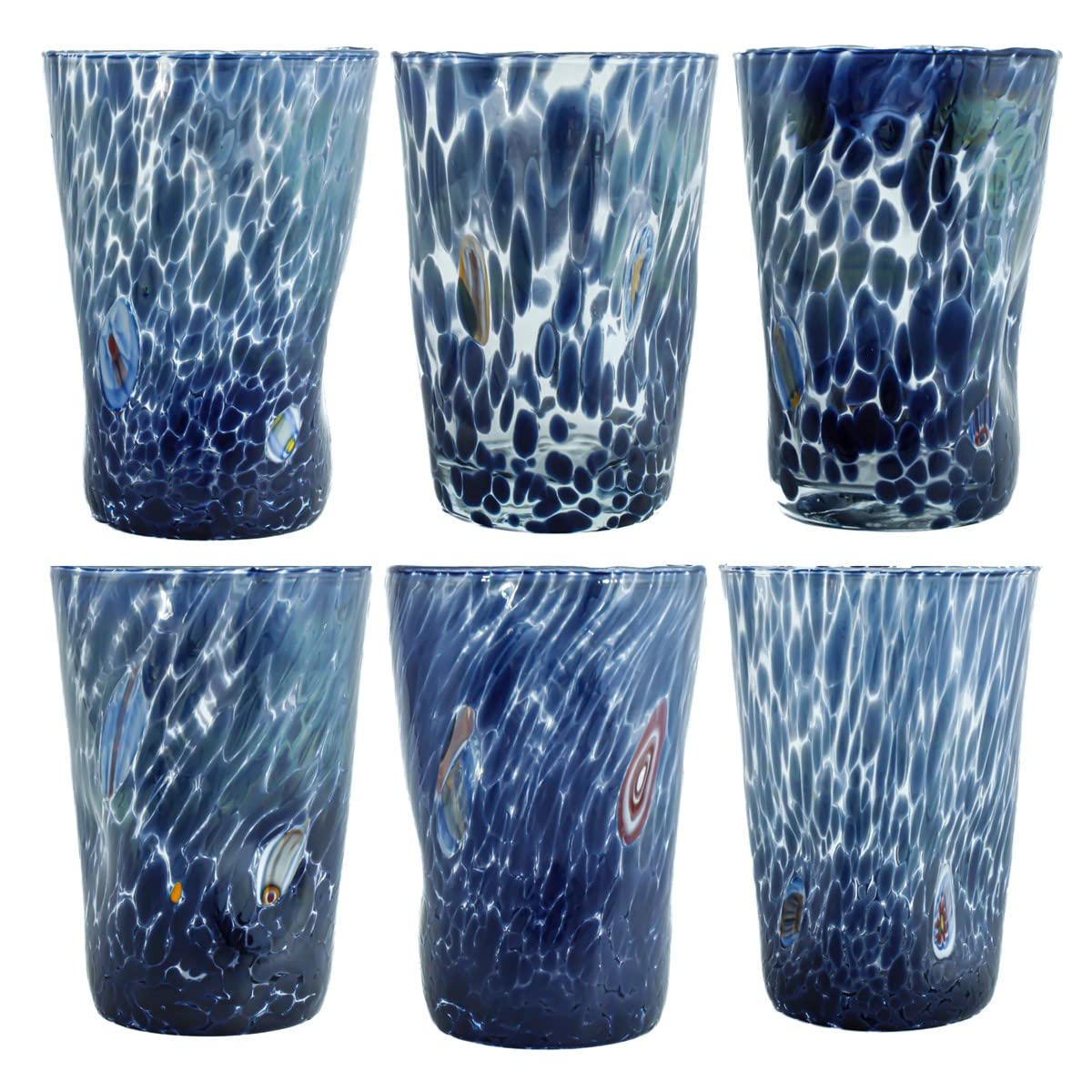 Verres en verre de Murano bleu Millefiori 12 cm pour sublimer une table terne