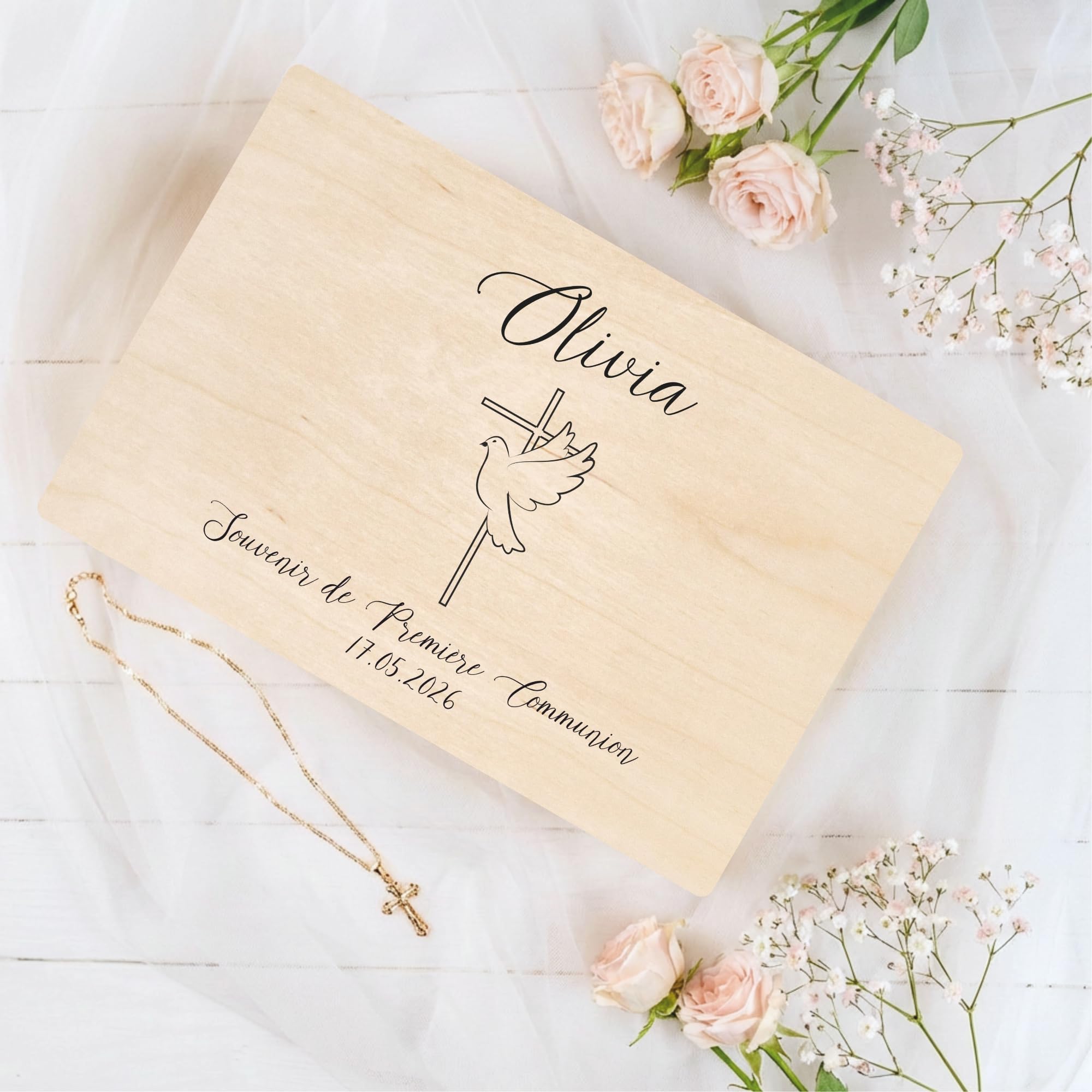 Creative Deco Cadeau de Communion Personnalisé pour Fille et Garçon - Boîte en Bois | Croix avec Colombe | Boîte à Souvenirs Personnalisée | Première Communion