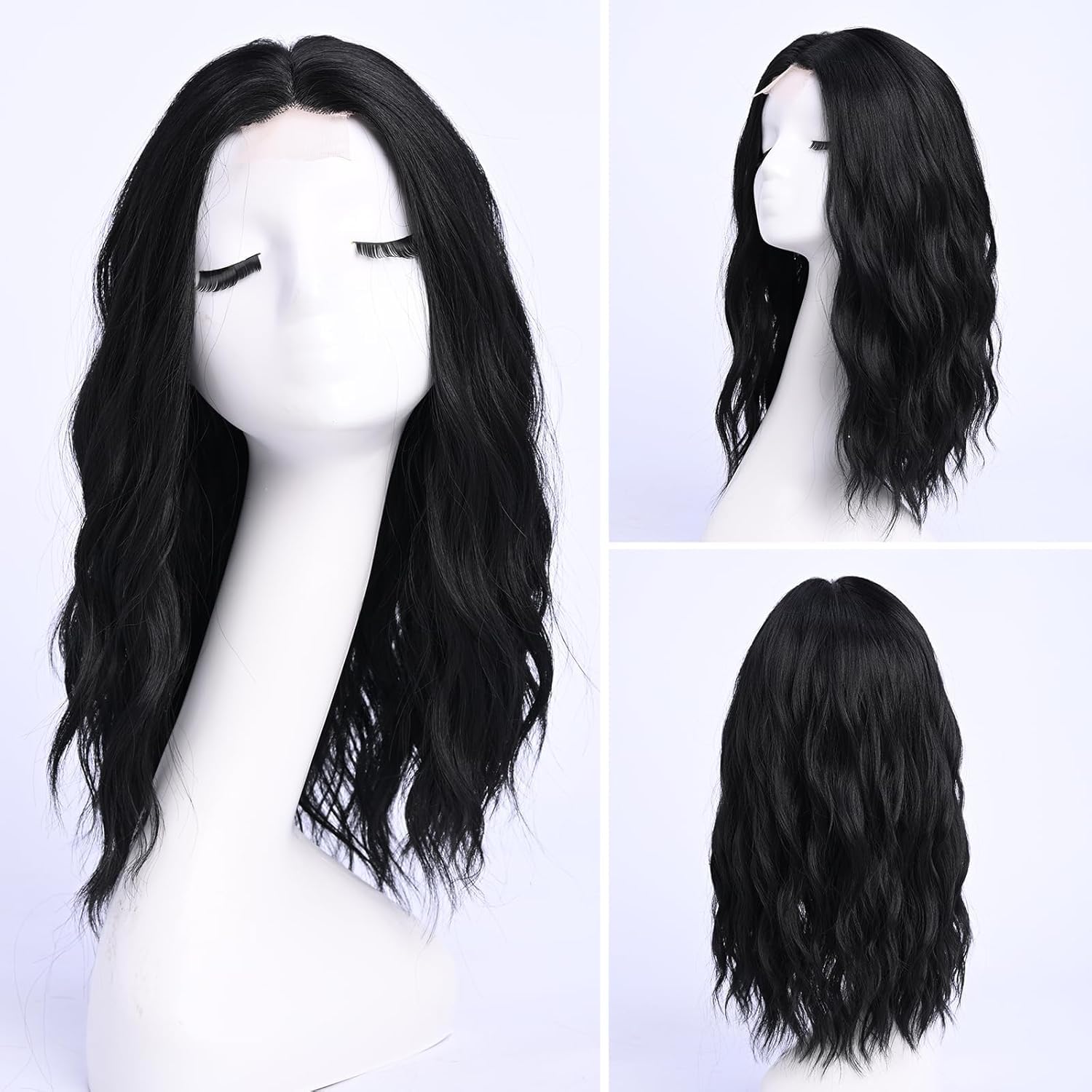 YaissmyLu Medium Length Black Wavy Wigs for Women 18 Inch Middle Part Wavy 1B Wig Natural Looking Synthetic Heat Resistant Fiber Wig for Daily Party Use (18 inch) - Image 2