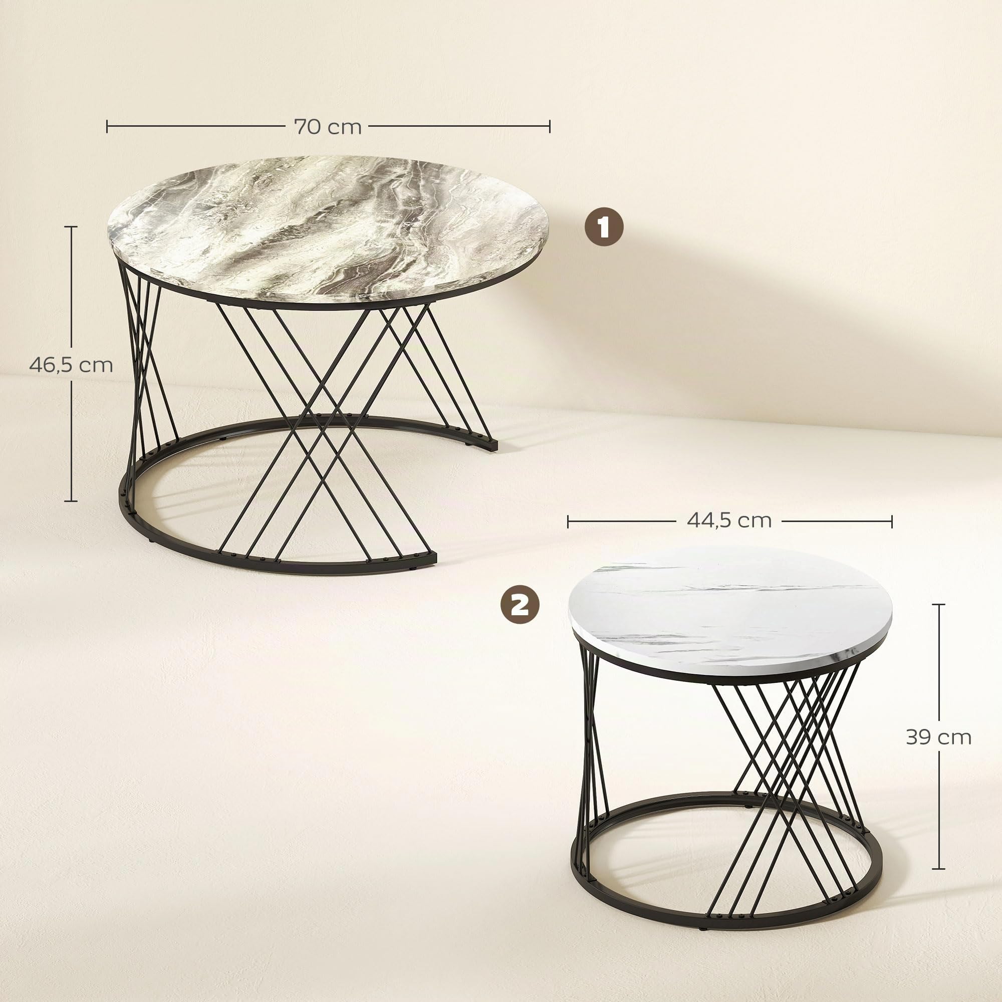 HOMCOM Set di 2 tavolini tondi nidificati Ø70/44,5cm grigio bianco | Tavolini nidificati, piano effetto marmo, gambe in metallo, stile moderno, per piccoli spazi, camera da letto