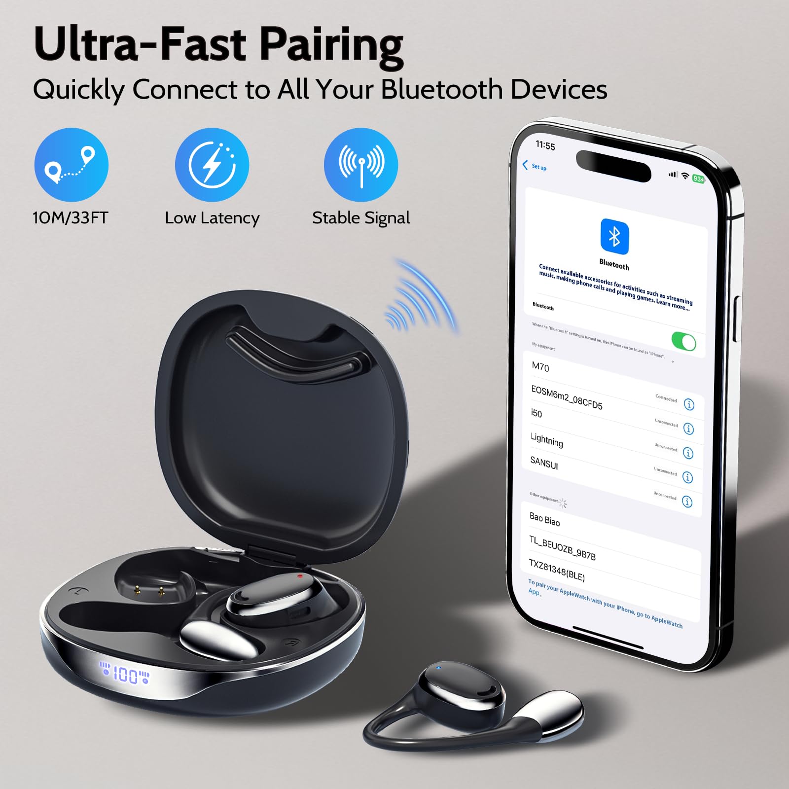 Auriculares abiertos inalámbricos 5.3 Bluetooth con pantalla LED IP55 impermeables, auriculares inalámbricos con control táctil para correr, ciclismo, senderismo, gimnasio