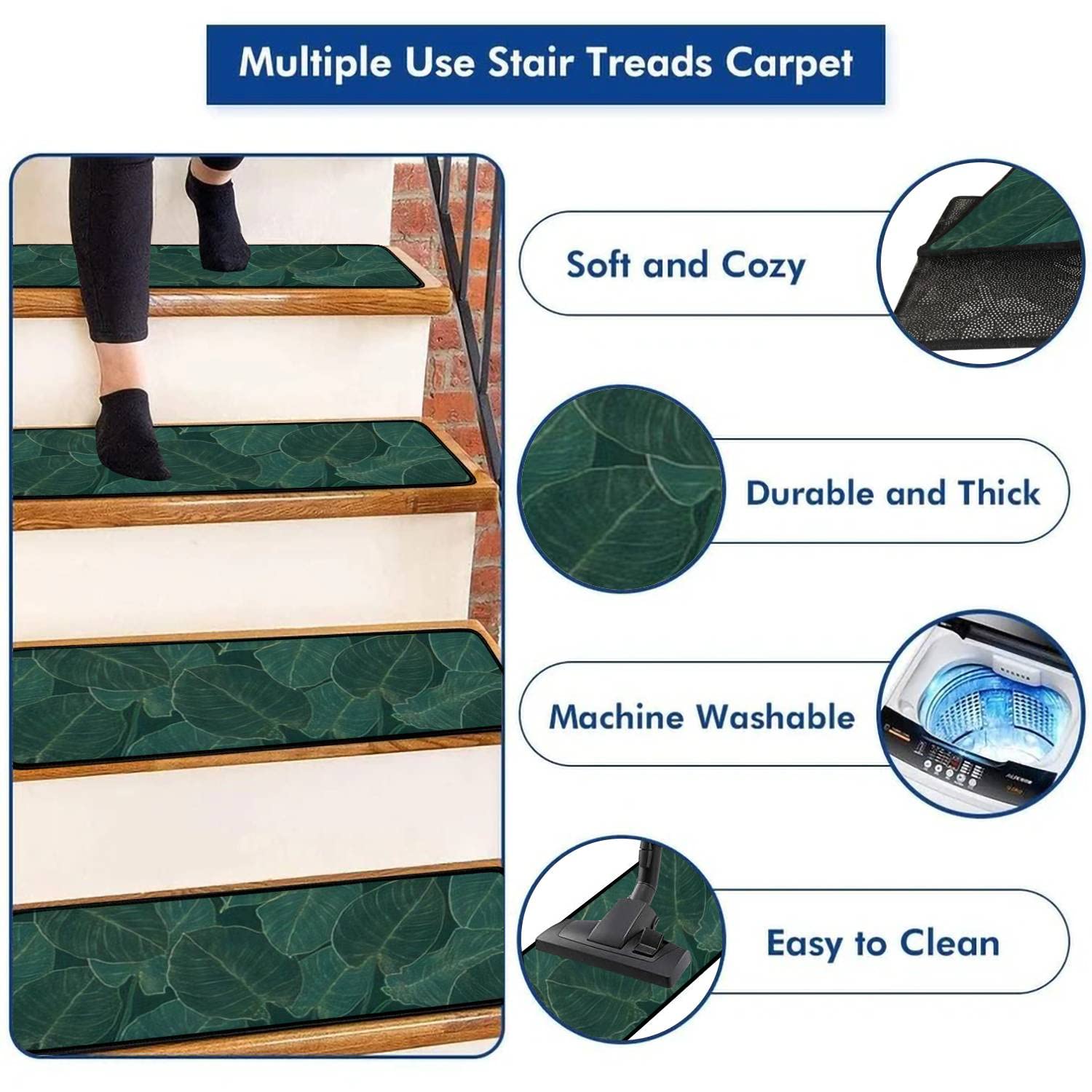 Non-Slip Stair Treads Carpet Tape - 15 Pack Leaf Pattern, Peel & Stick For Wood, Tile, Laminate Steps - Grey, Washable & Reusable