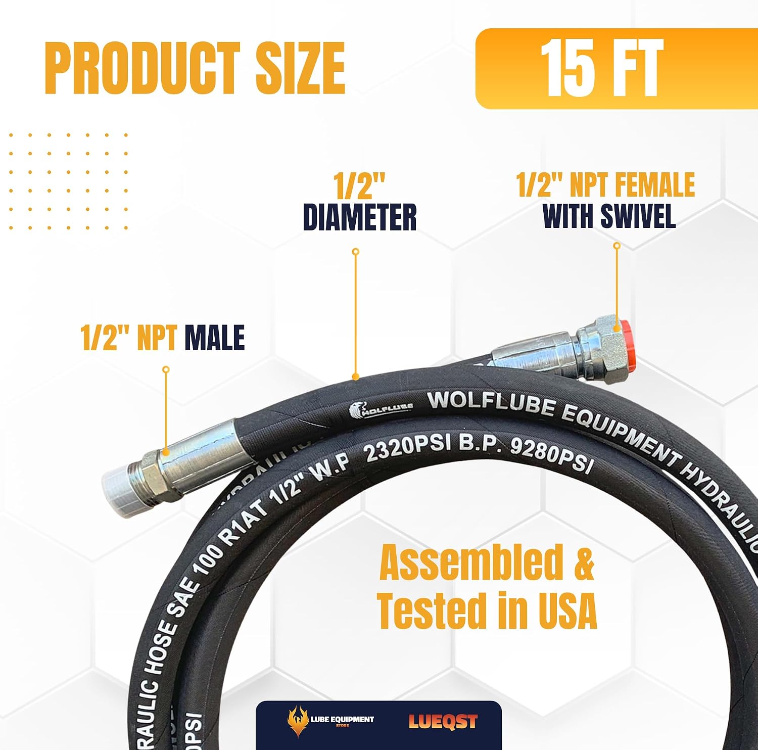 LUEQST 1/2" Hydraulic Hose Kit - 2320 PSI SAE 100R1AT Steel Reinforced NBR Rubber - Pre-Assembled with 2x 90° Adapters - Ready to Install for Hydraulic Oil & Antifreeze (15 FT)