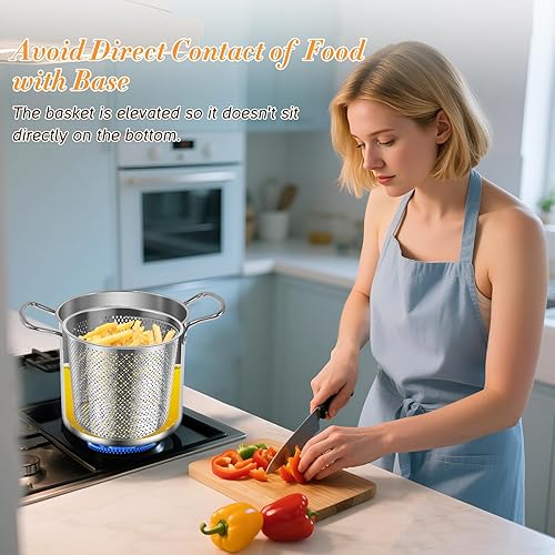 Miniatura 5 de Yummy Sam Olla pequeña de acero inoxidable de 3 cuartos de galón con cesta y tapa, freidora de tempura multifuncional, olla para pasta, con estante