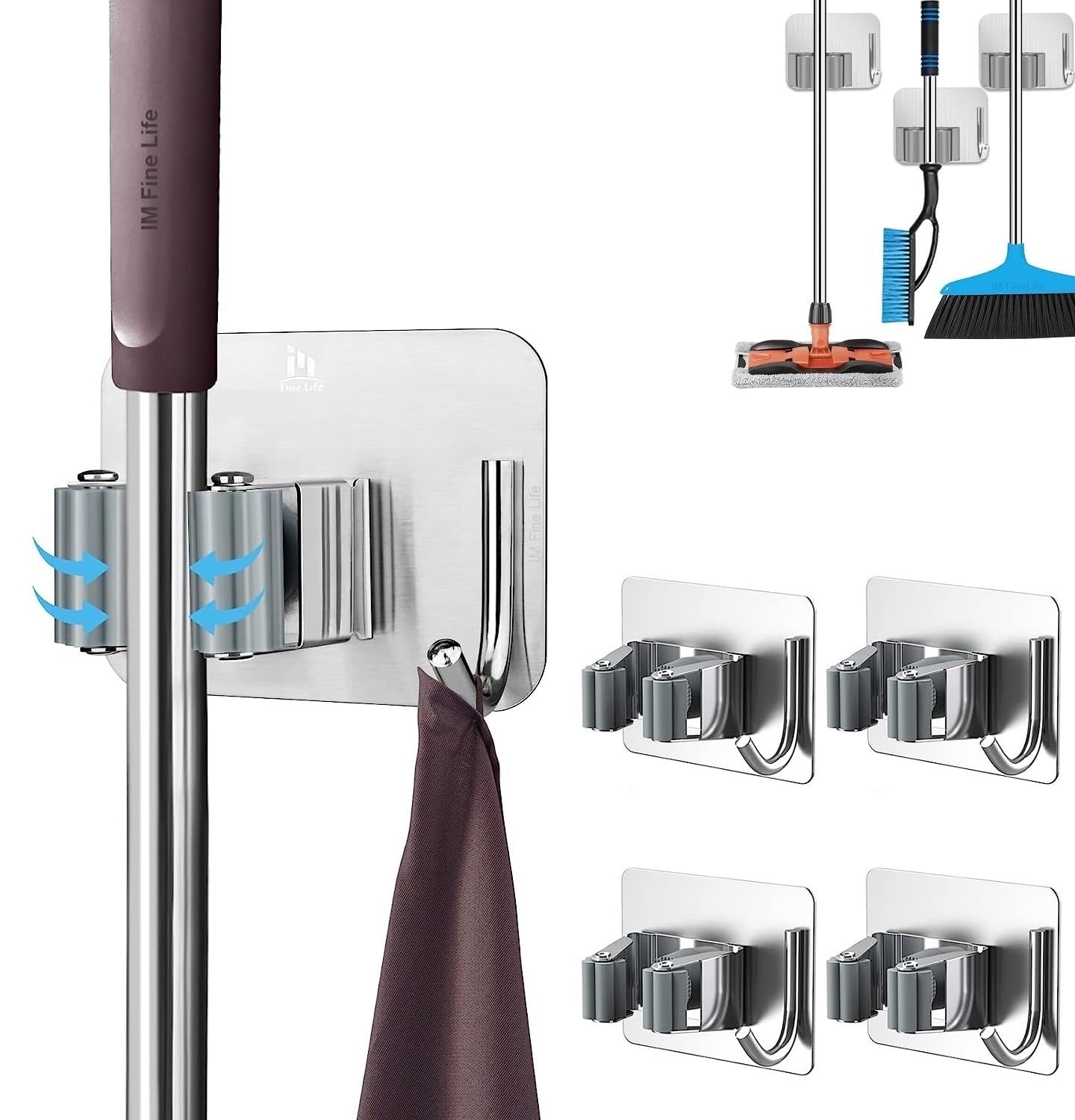 IM FineLife Broom Holder with Hooks, 4 PCS Stainless Steel Mop Holder Self Adhesive Wall Mounted Organizer Broom Grippers Hanger for Home Office Bathroom, Kitchen, Garden, Garage, Closet (Silver)