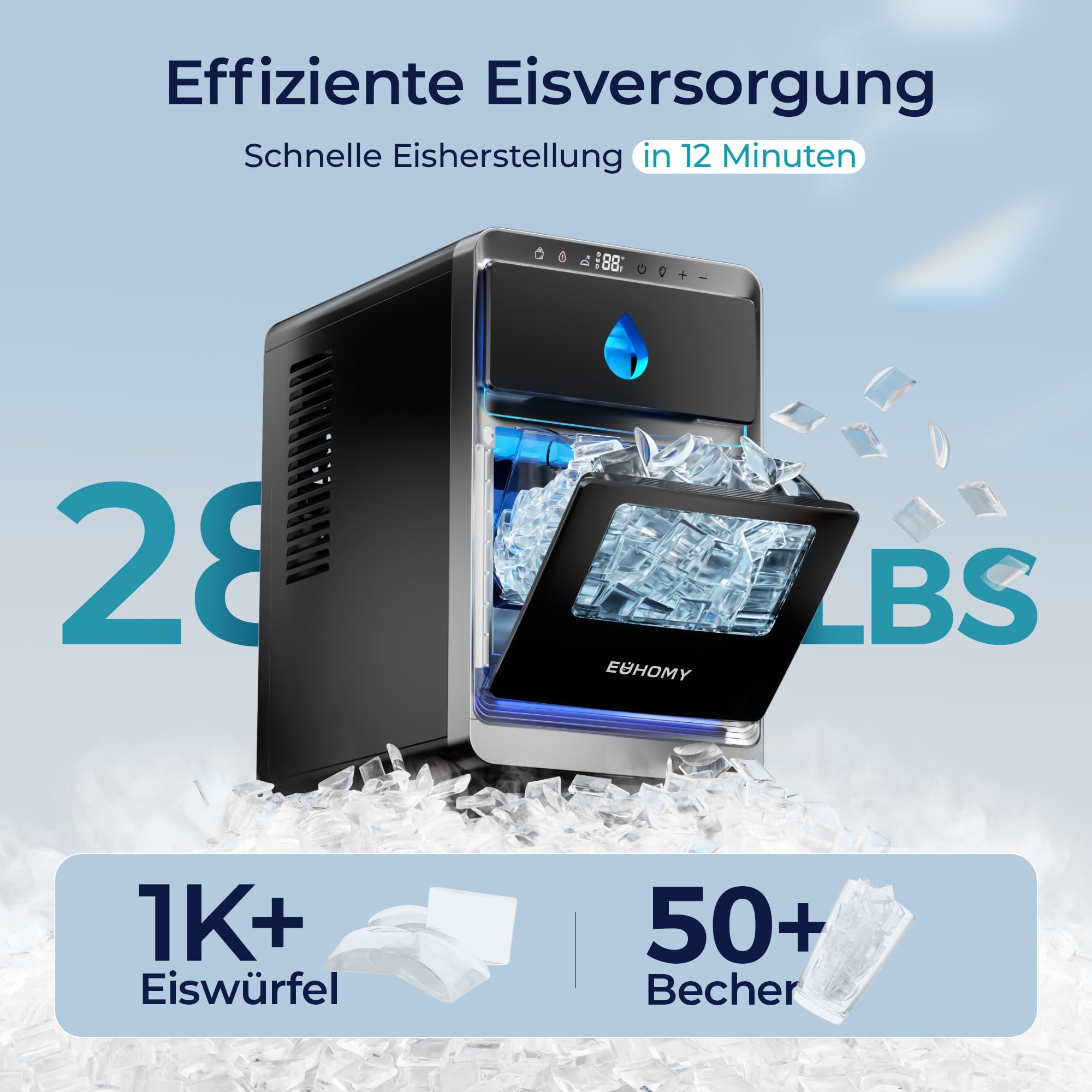 EUHOMY Tragbarer Crescent Eiswürfelmaschine, fertig in 12 Minuten, 1600 Stück/Tag, automatische Tiefenreinigung, Eiswürfelmaschine für Whiskey/Kaffee/Softdrinks