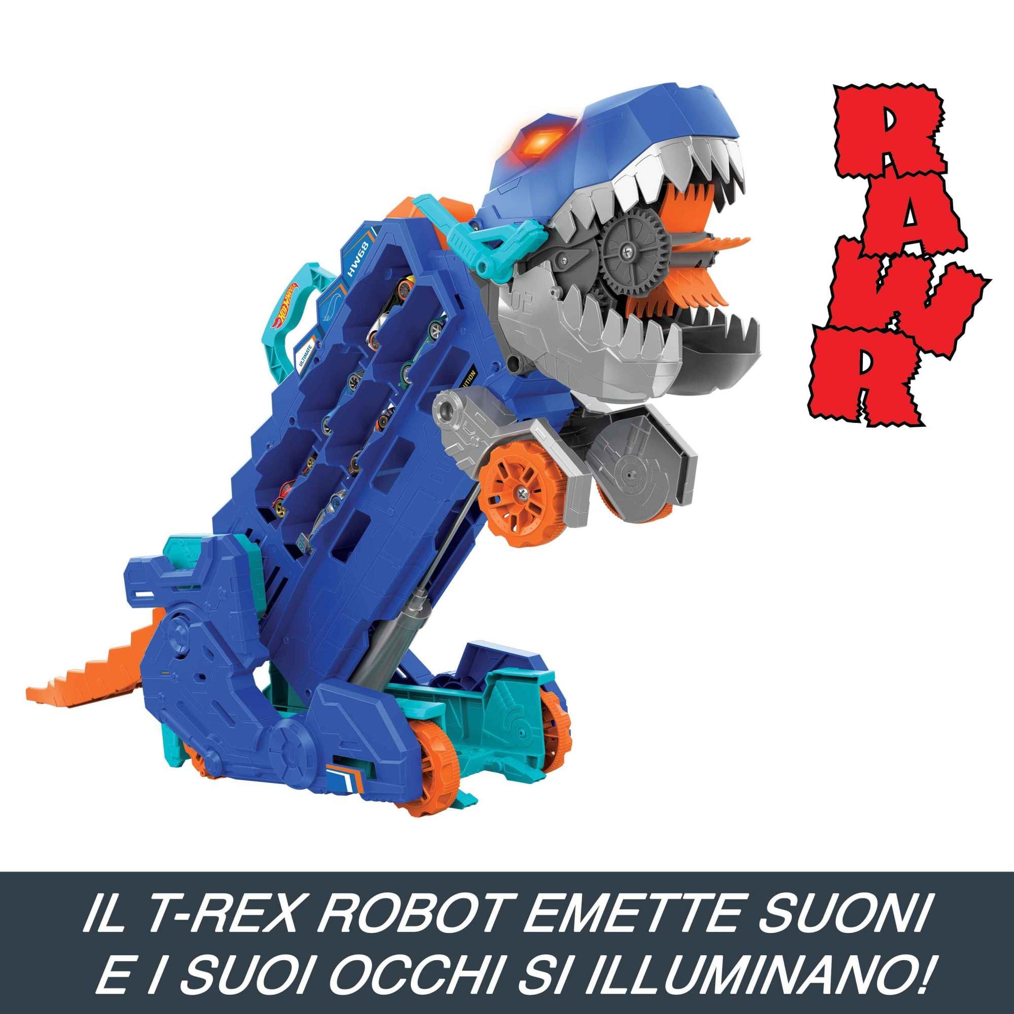 ​Hot Wheels City 'Let's Race' Netflix - Mega Dino Trasportatore, pista da corsa che si trasforma in un T-Rex, playset con luci e suoni, box per riporre 20 macchinine in scala 1:64, 4+ anni, HNG50