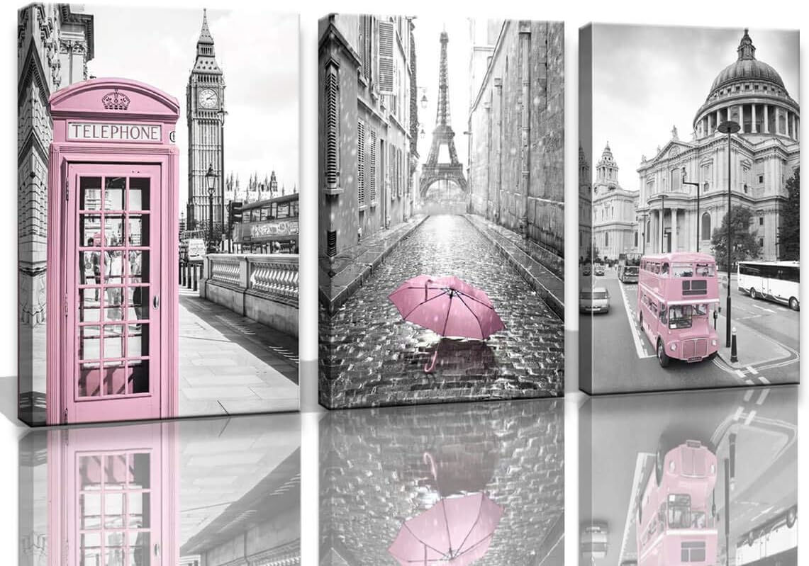Eiffel Tower Decor for Bedroom for Girls Paris Decor Pink Paris Theme Room Decor Wall Art Canvas Black and White Art Eiffel Tower Picture Decorations London Big Ben Tower Eiffel Tower Painting Framed