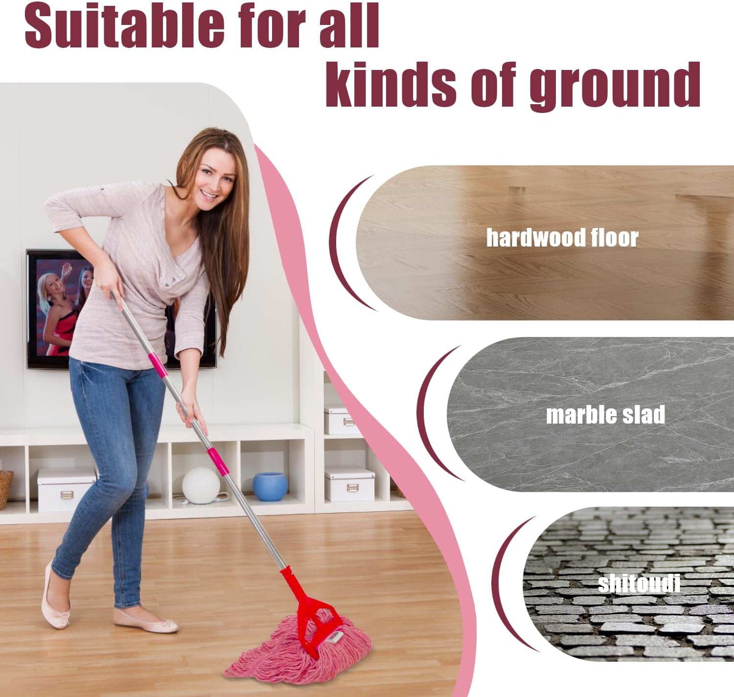 Commercial Cotton Mop Heavy-Duty Industrial with 2 Replacement Heads 152 cm Handle Replacement mop Head (Pink)