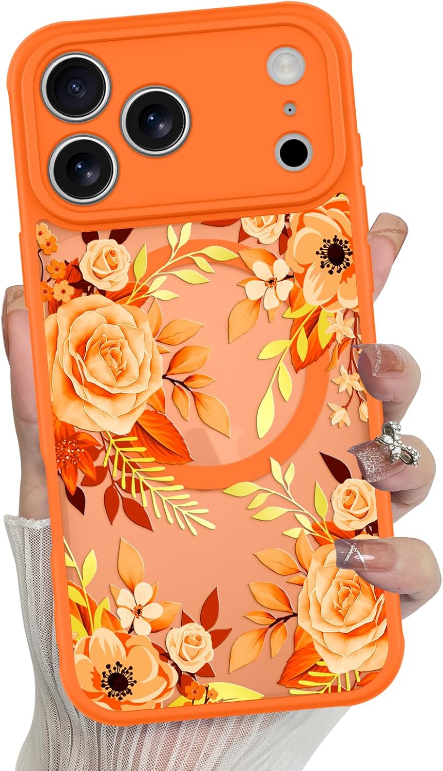 MZELQ Compatible with iPhone 17 Pro Case Support for MagSafe, Cute Flower Pattern Soft TPU Bumper Full Camera Protection Shockproof Protective Cover, Orange