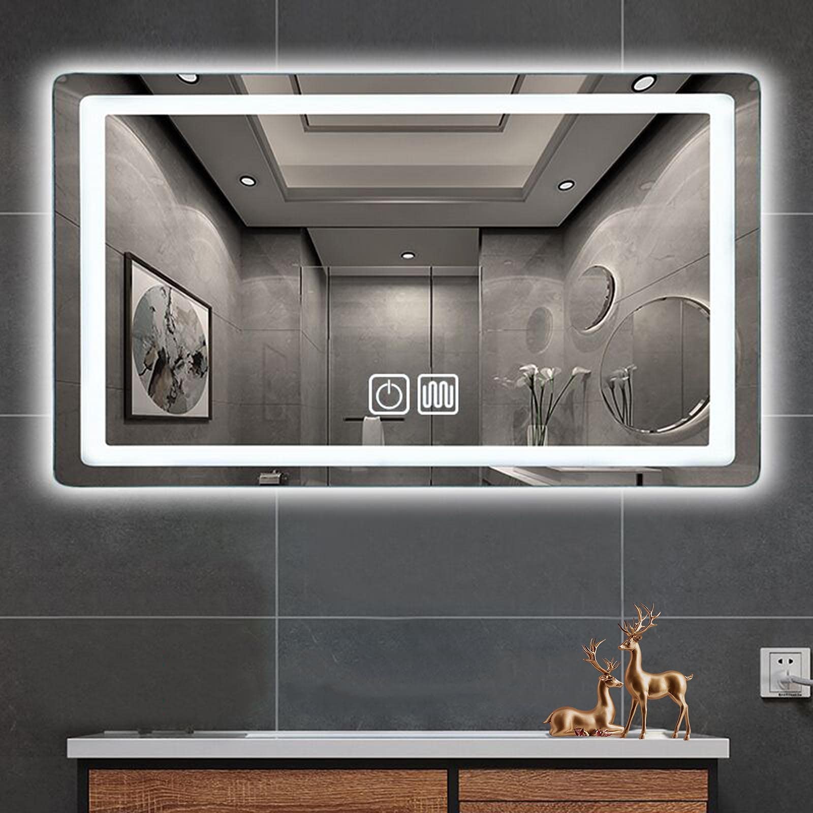Specchio da Parete Moderno Quadrato con Pulsante a sfioramento, Specchio da Bagno LED da 5 mm con Luce a LED Specchio per Barba Trucco Argento HD