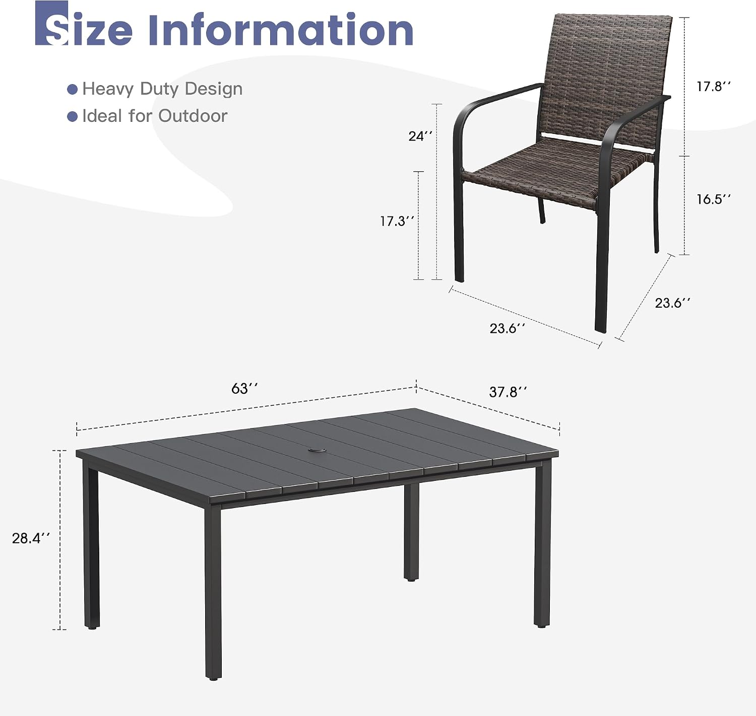 VICLLAX 7 Pieces Patio Dining Set, 6 Stakable Wicker Outdoor Chairs and Metal Patio Table with Umbrella Hole for Backyard Lawn Deck, Black Tabletop