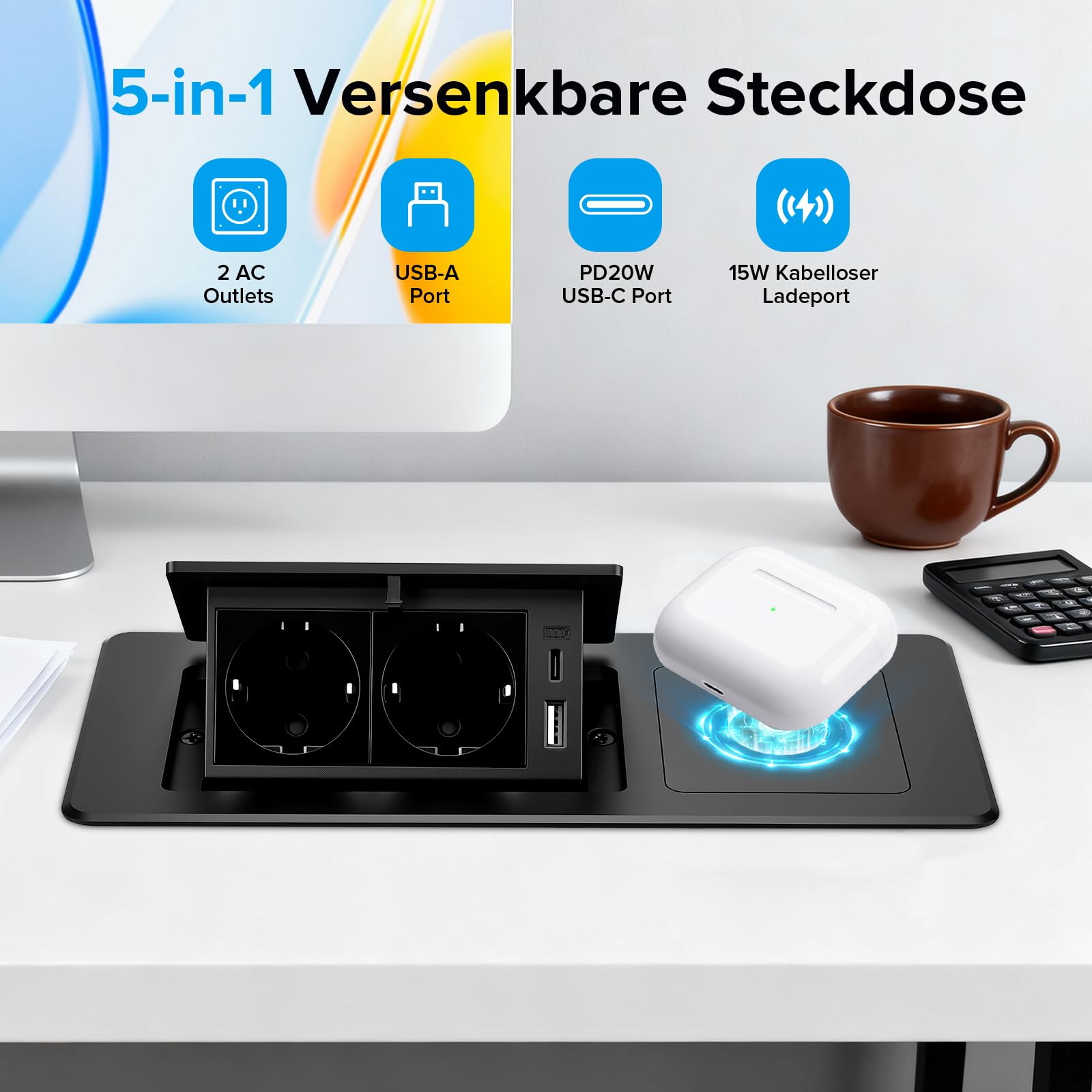 Multiprise intégrée pour le bureau - Multiprise pliable avec 20 W QC3.0 USB-A+C et charge sans fil Qi 15 W (pour téléphone/montre/écouteurs), interrupteur pop-up, câble 16 AWG de 1,8 m, noir
