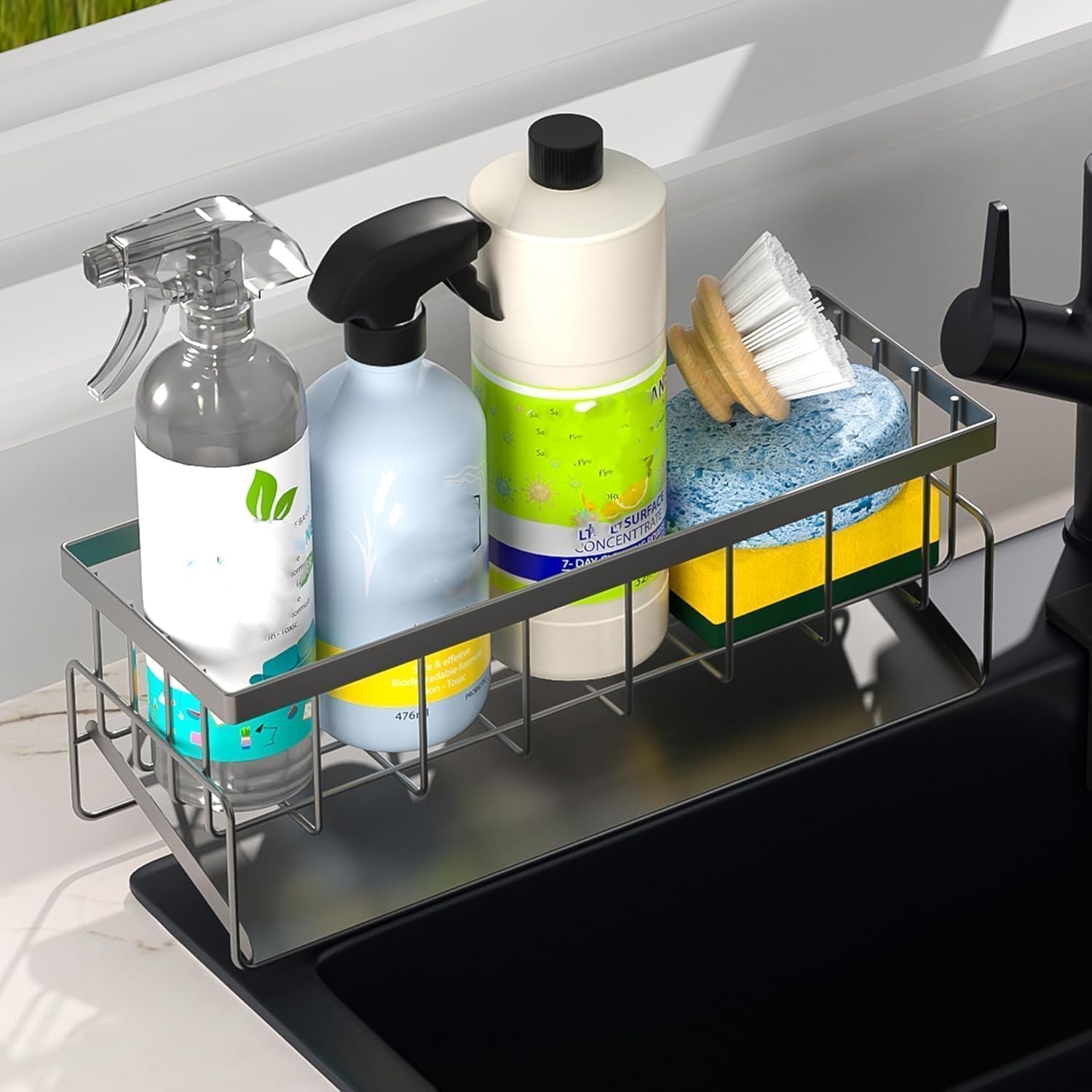 BLUE CRANE Metal Sponge Holder for Kitchen Sink - Auto-Draining Sink Organizer Caddy with Soap Tray, Dish Brush & Towel-Bar Holder, Kitchen Storage Rack (MATTE BLACK) 2