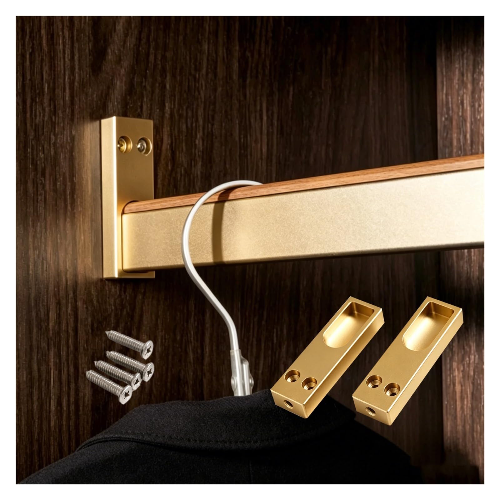 Rust Proof Hanging Rod Heavy Duty, Nursery/Clothing Store/Office Custom Rods for Closet, Cuttable Aluminum Wardrobe Poles with Wooden Anti Slip Strip(Gold,L 30"/76.2cm)