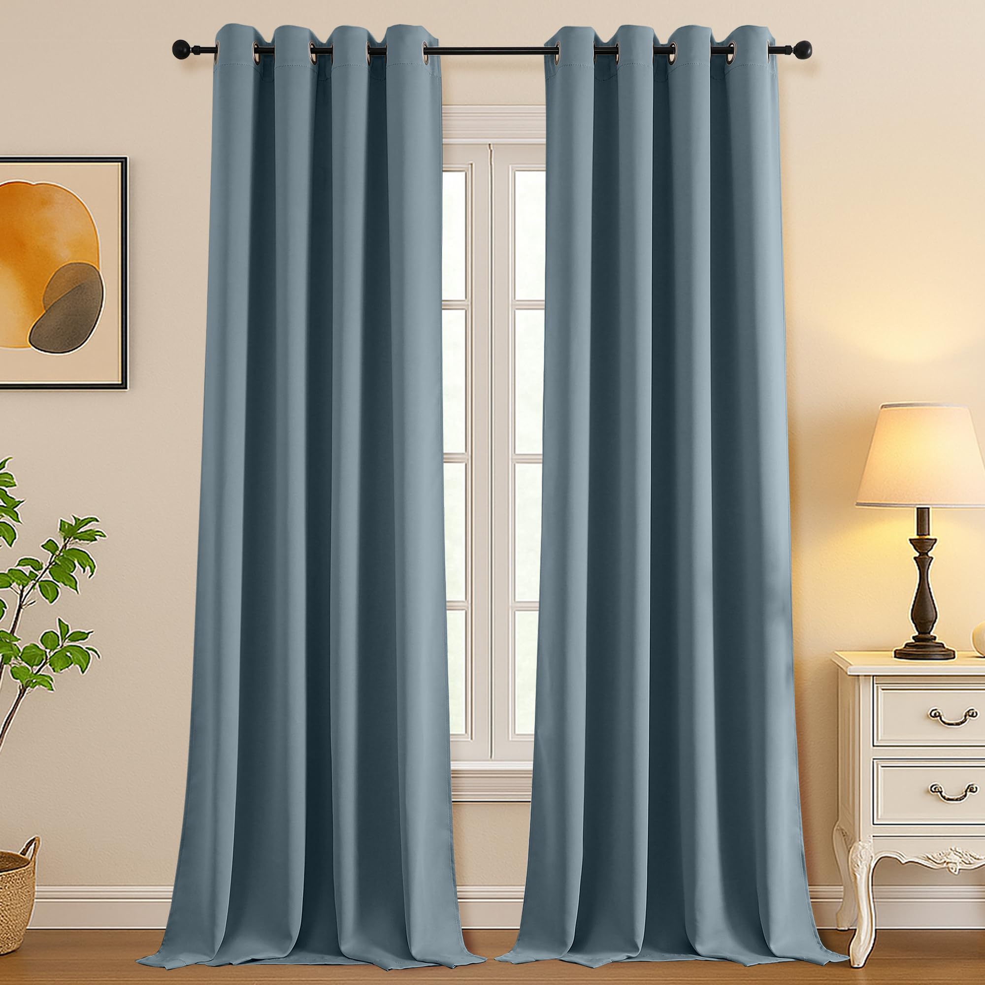 Simplebrand Stone Blue Room Darkening Curtains for Bedroom Living Room 108 Inches Long 2 Panels Set, Thermal Insulated Curtains &amp; Drapes, Solid Grommet Noise Reducing Window Treatment, W50 x L108 Inch