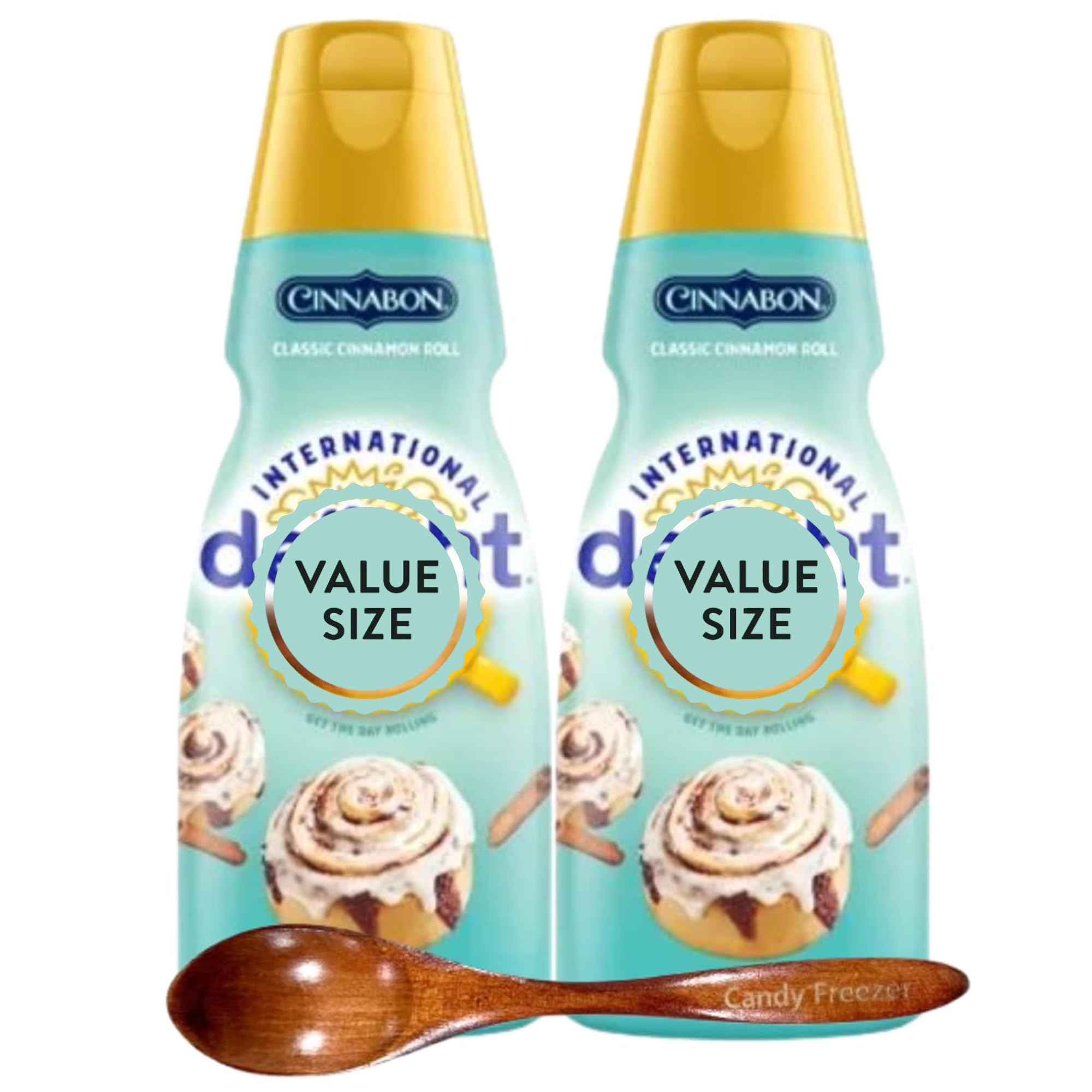 Cinnabon Classic Cinnamon Roll Liquid Coffee Creamer.- Two (2) 32 fl oz Bottles of Creamy Smooth Delightful Coffee Creamer with Candy Freezer Wooden