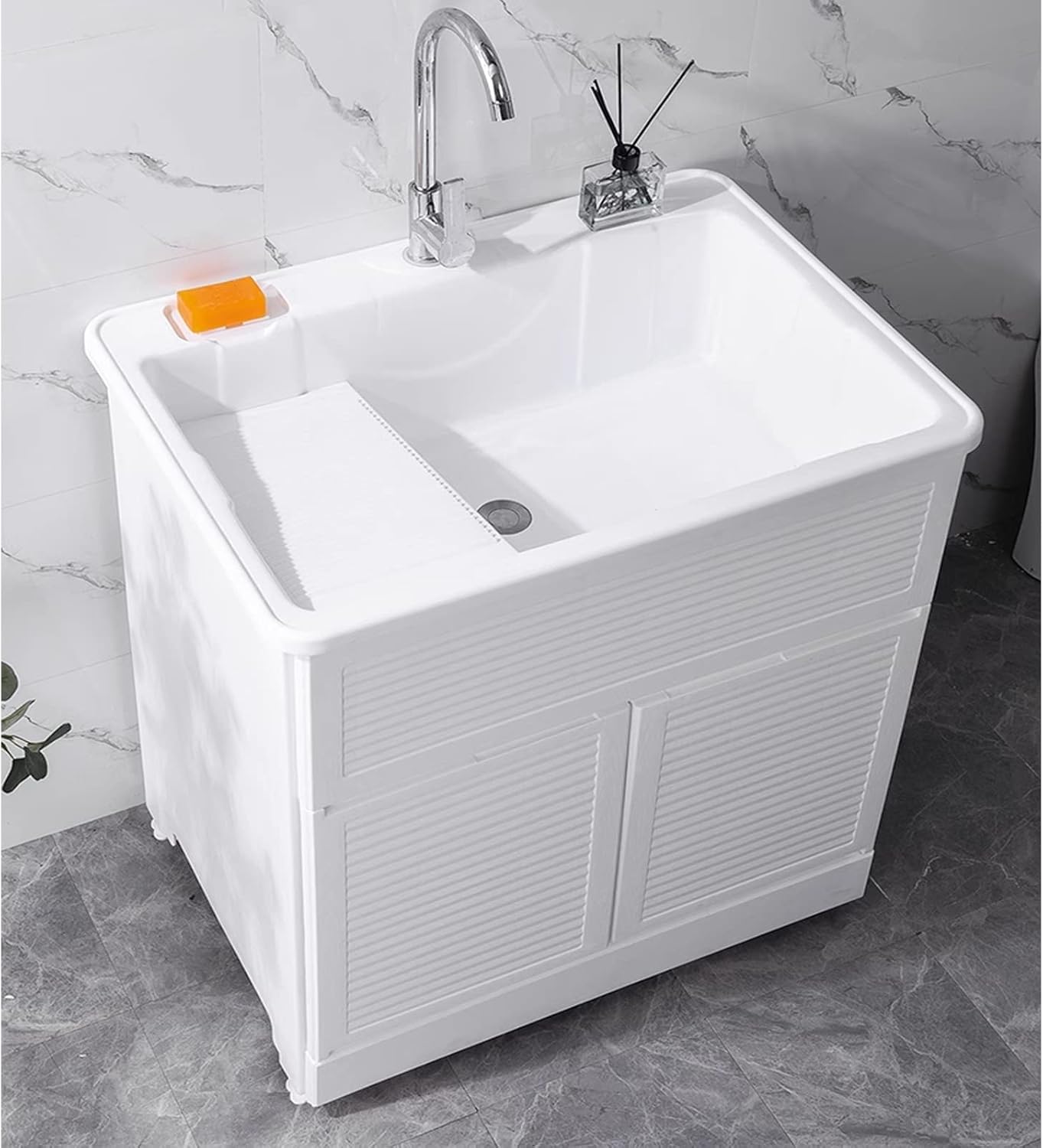 Freestanding Laundry Sink, Laundry Sink with Cabinet,Plastic Utility Sinks for A Laundry Room,Farmhouse Sink,with Faucet and Washboard,for Outdoor Indoor Garage. (Size : 80 * 56 * 85(CM))