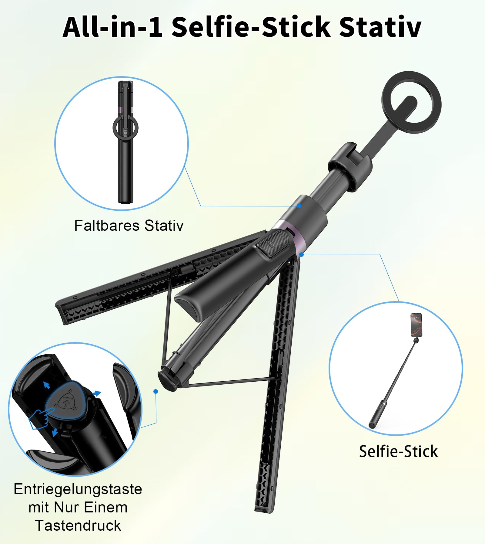 TONEOF 173cm Magnetisches Selfie Stick Stativ, Stark Magnetischer Aluminium Halter für Magsafe, 360° Drehbar, Einziehbares Einbein Stative mit Metallring&Fernbedienung, Tragbares Handystativ-Schwarz