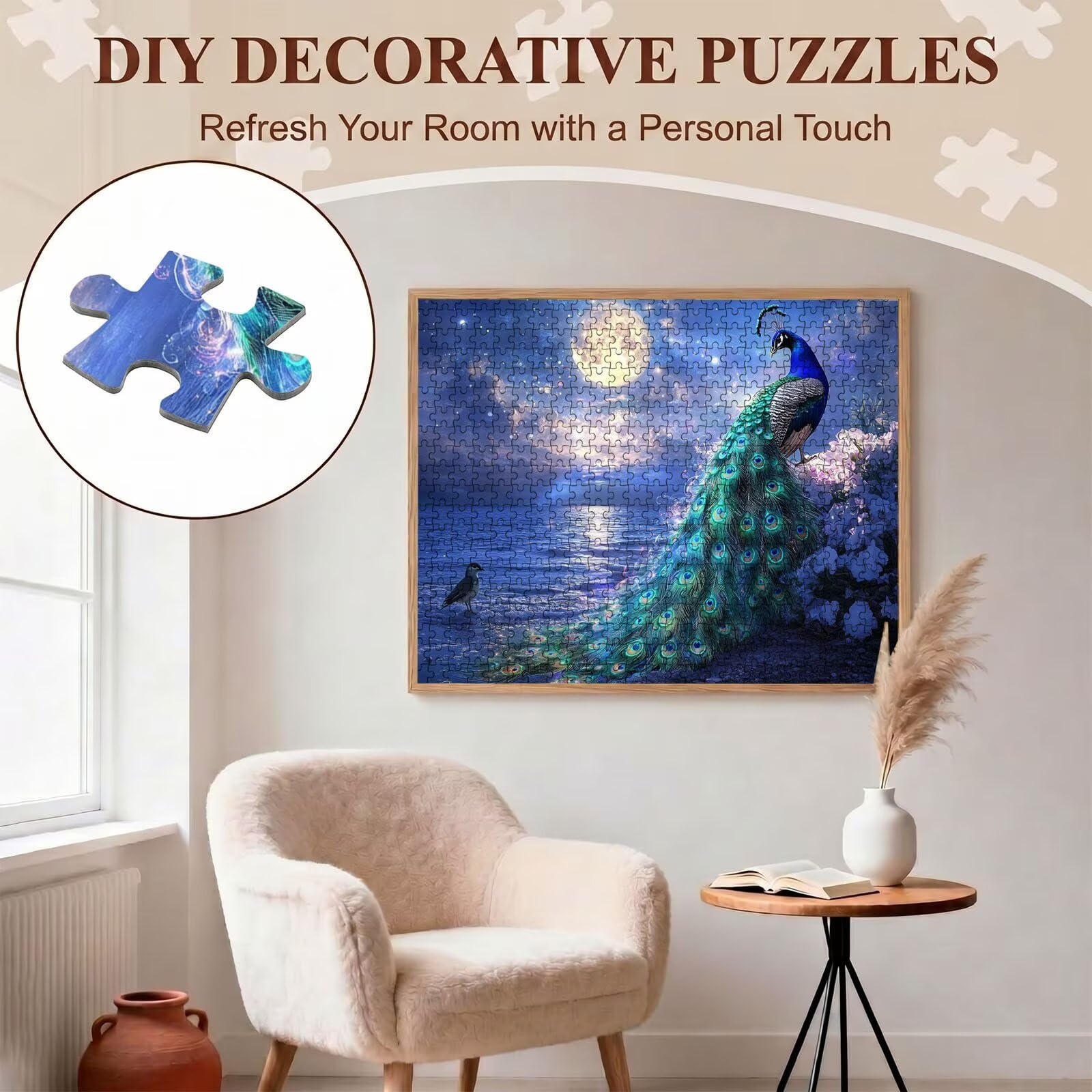 Pavo real luna-2 Puzzle de 1000 Piezas, Juego de Mesa Familiar de Madera - Rompecabezas Adultos para Toda La Familia,Rompecabezas Educativo DIY y Antiestrés - Con mapa de referencia, 75 x 50 cm f0-593