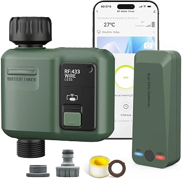 WiFi Water Timer 1 Zone for Garden Hose, Smart Sprinkler Timer with 984ft RF Range, Smart Lawn Watering System Irrigation Controller, APP/Voice Control, Rain Delay, Automatic/Manual Irrigation
