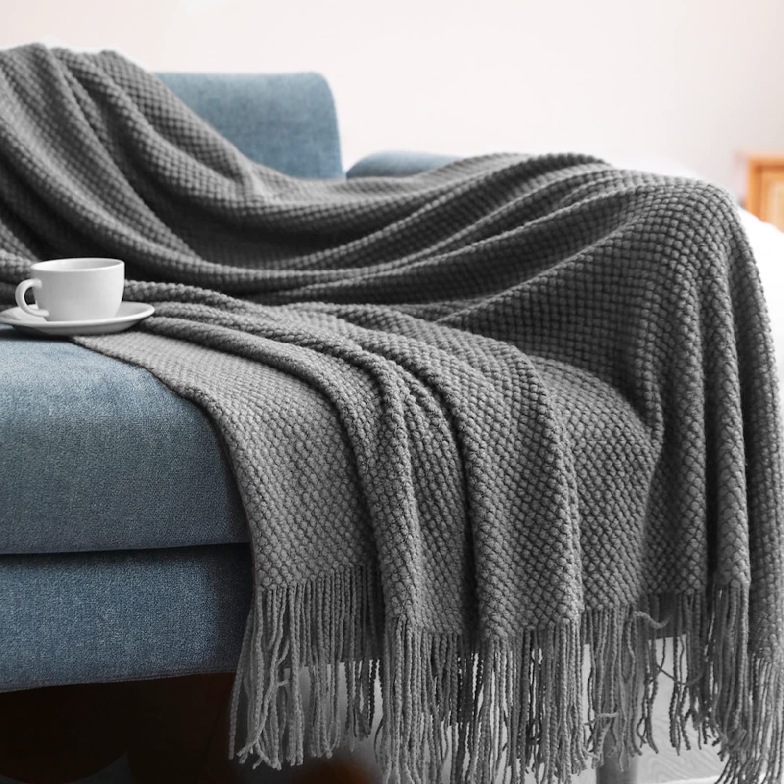 LumiSyne Knitted Throw Blanket With Tassel Solid Color Grain Texture Cozy Fluffy Warm Soft Throws Decorative Blankets For Settee Armchair Couch Bed Office 230x130cm