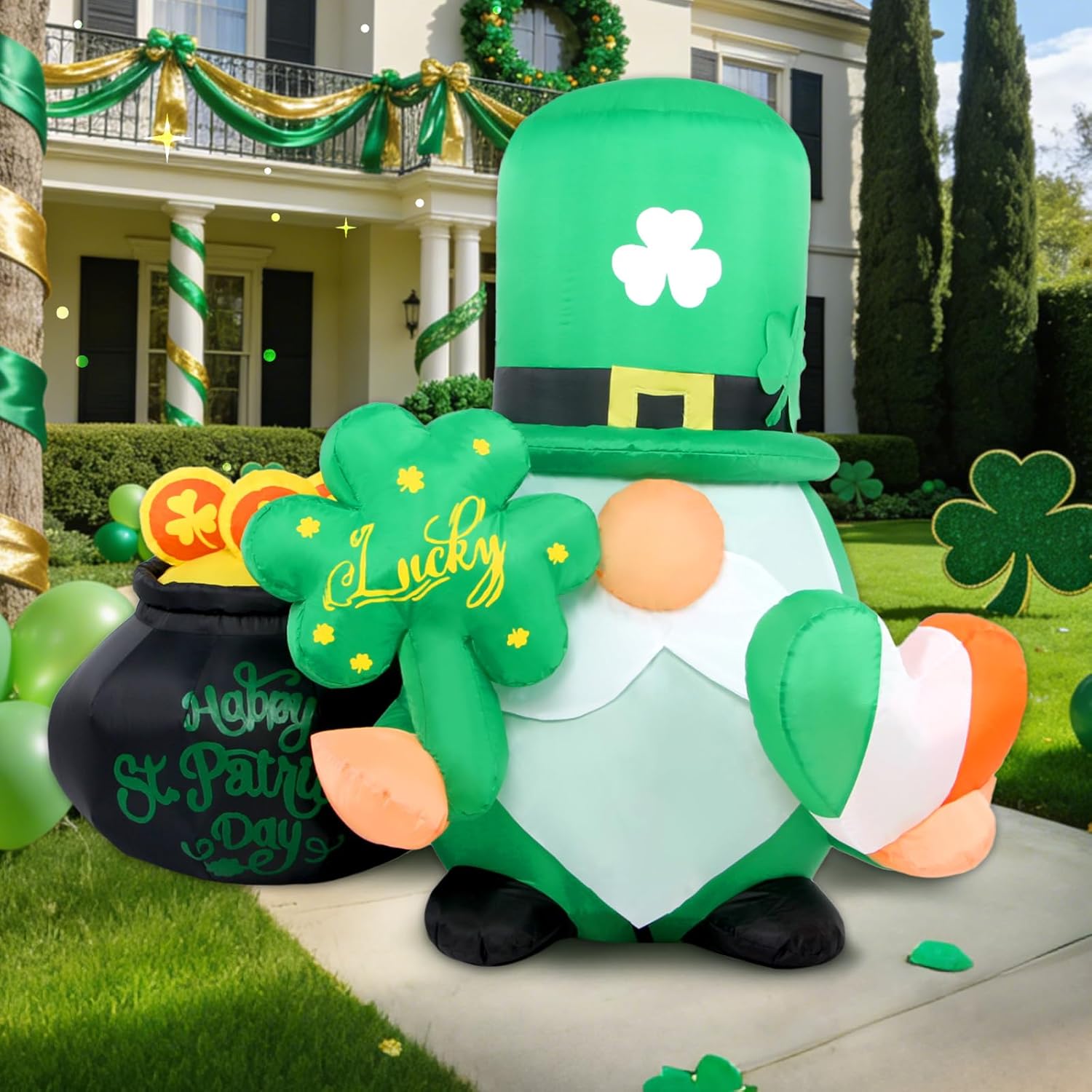 St Patricks Day Inflatables Outdoor Decorations, 4FT Inflatable Lucky Gnome Leprechaun with Shamrock, Pot of Gold & Irish Heart, LED Lights St. Patrick's Blow Up Yard Decor for Outside Garden Lawn