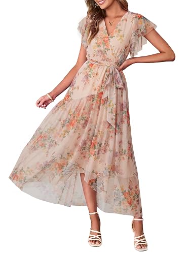 Simplee Womens Floral Belted Boho Flowy Beach Wedding Guest Maxi