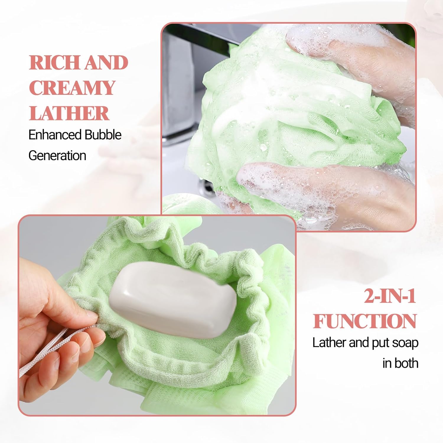 2 Pcs Bath Sponge with Drawstring,That Holds Bar Soap,for Cleansing and Smooth Skin,2 in 1 Loofah Washcloth Combo Soap Bar Loofah(Pink,Green) - Image 4