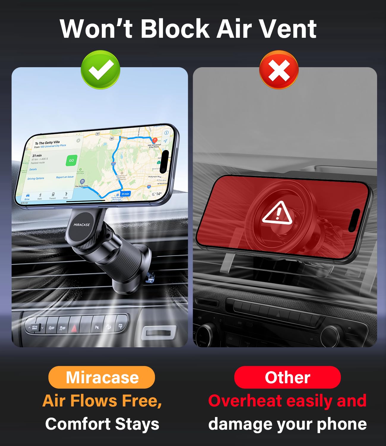 Miracase for MagSafe Car Mount【Won’t Block Vent & 20 Strongest Magnets】 Magnetic Phone Holder for Car Phone Holder Mount Dash for Car Accessories for Women Men for iPhone 17 Pro Max Air 16 15 14 13 12 — view 3