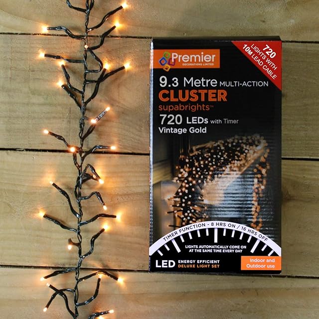 Premier 9.3m 720 Vintage Gold LED Outdoor Multi-Action Cluster Supabrights with Timer