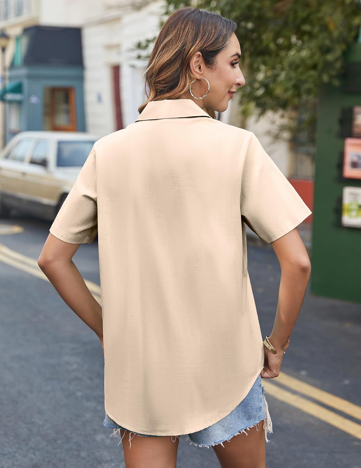 HOTOUCH Cotton Linen Button Down Shirt for Women V Neck Collared Blouse Casual Short Sleeve Tops with Pocket - Image 5