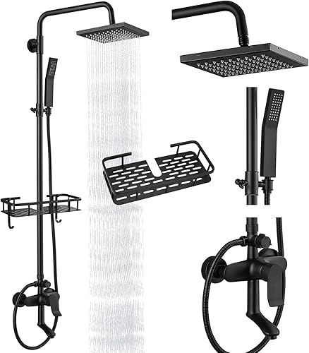 Miniatura 10 de Sistema de ducha expuesto negro mate, grifo de ducha de baño de doble función, cabezal de ducha giratorio cuadrado de 8 pulgadas con juego completo