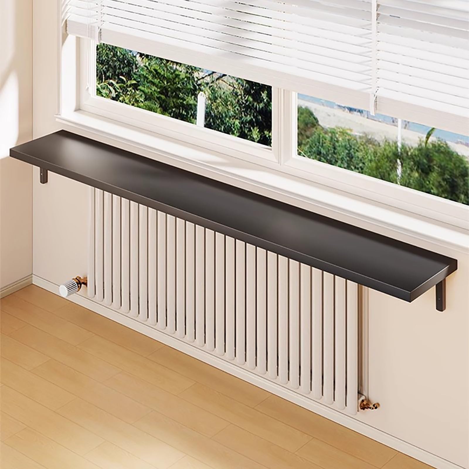 Estante para radiador de Pared - Estante Rectangular de Madera Negra con Soportes metálicos para Sala de Estar y Dormitorio (47x12 Pulgadas 120x30 cm) - Decoración Elegante y Funcional