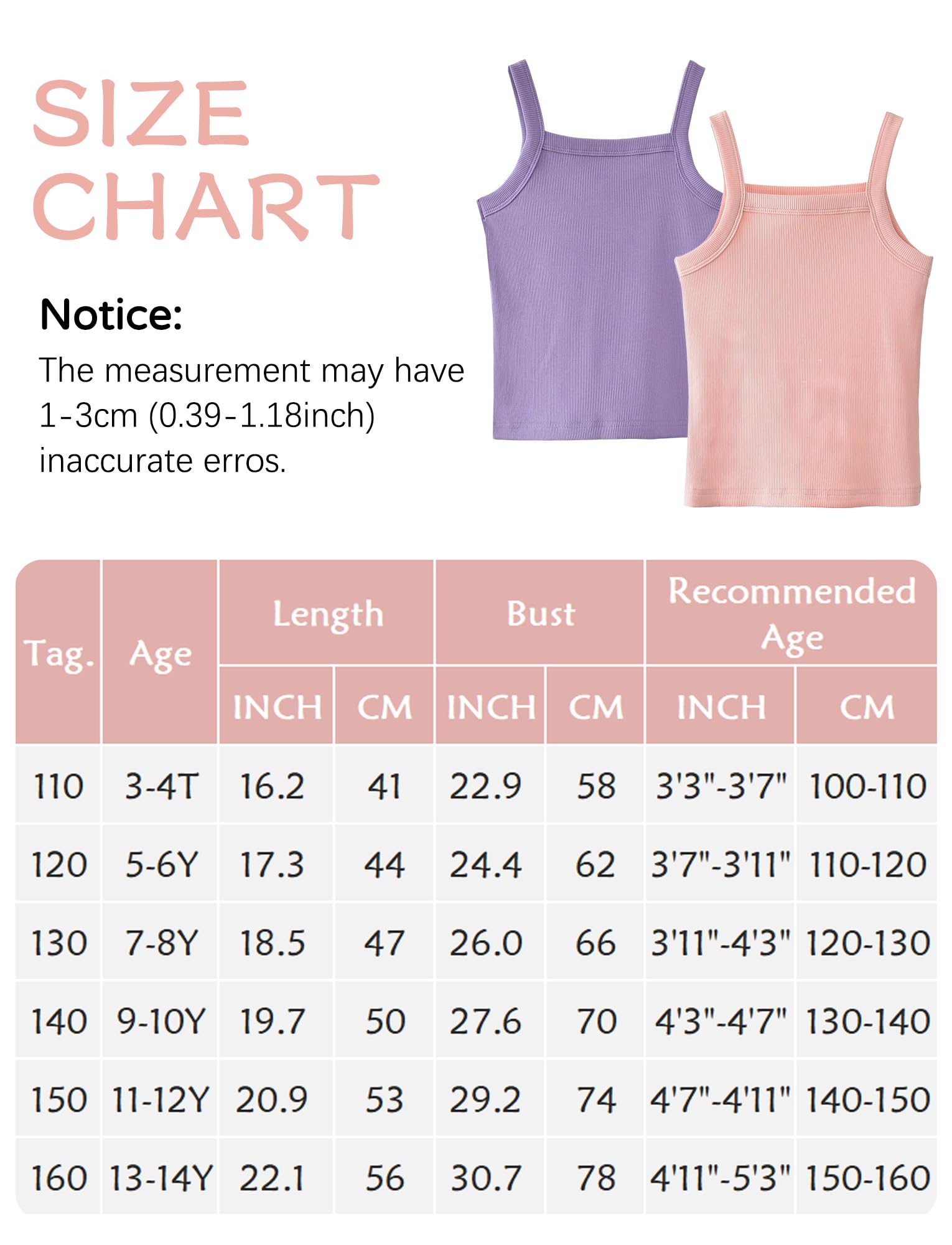 SEAUR Camiseta de tirantes para niña, tirantes delgados, camiseta interior de verano, monocolor, sin mangas, parte superior acanalada, 2 unidades, 3-14 años, 110-160 cm