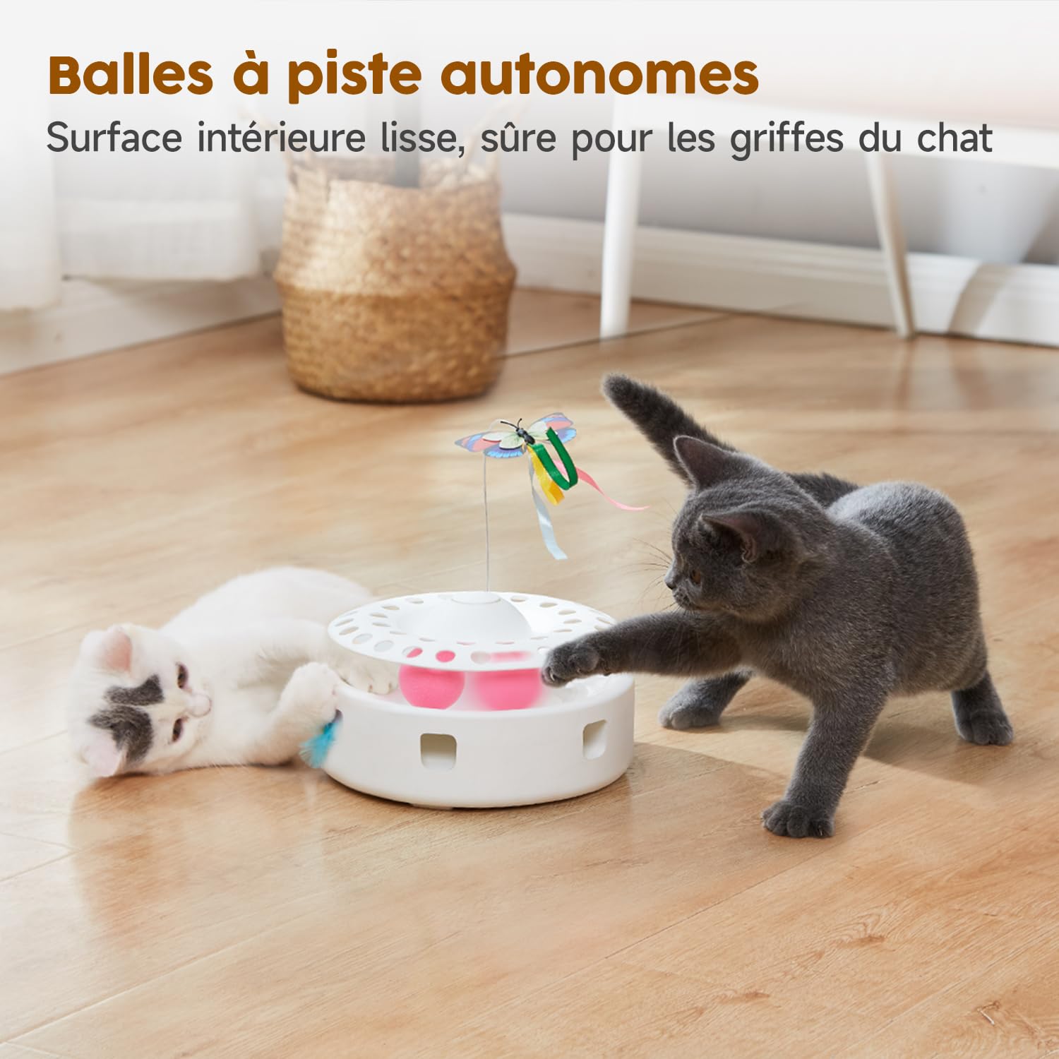 Potaroma Jouet Interactif Automatique 3-en-1 pour Chats d’Intérieur – Plumes Mobiles, Papillon Volant & Balles de Piste, Double Alimentation USB ou Piles